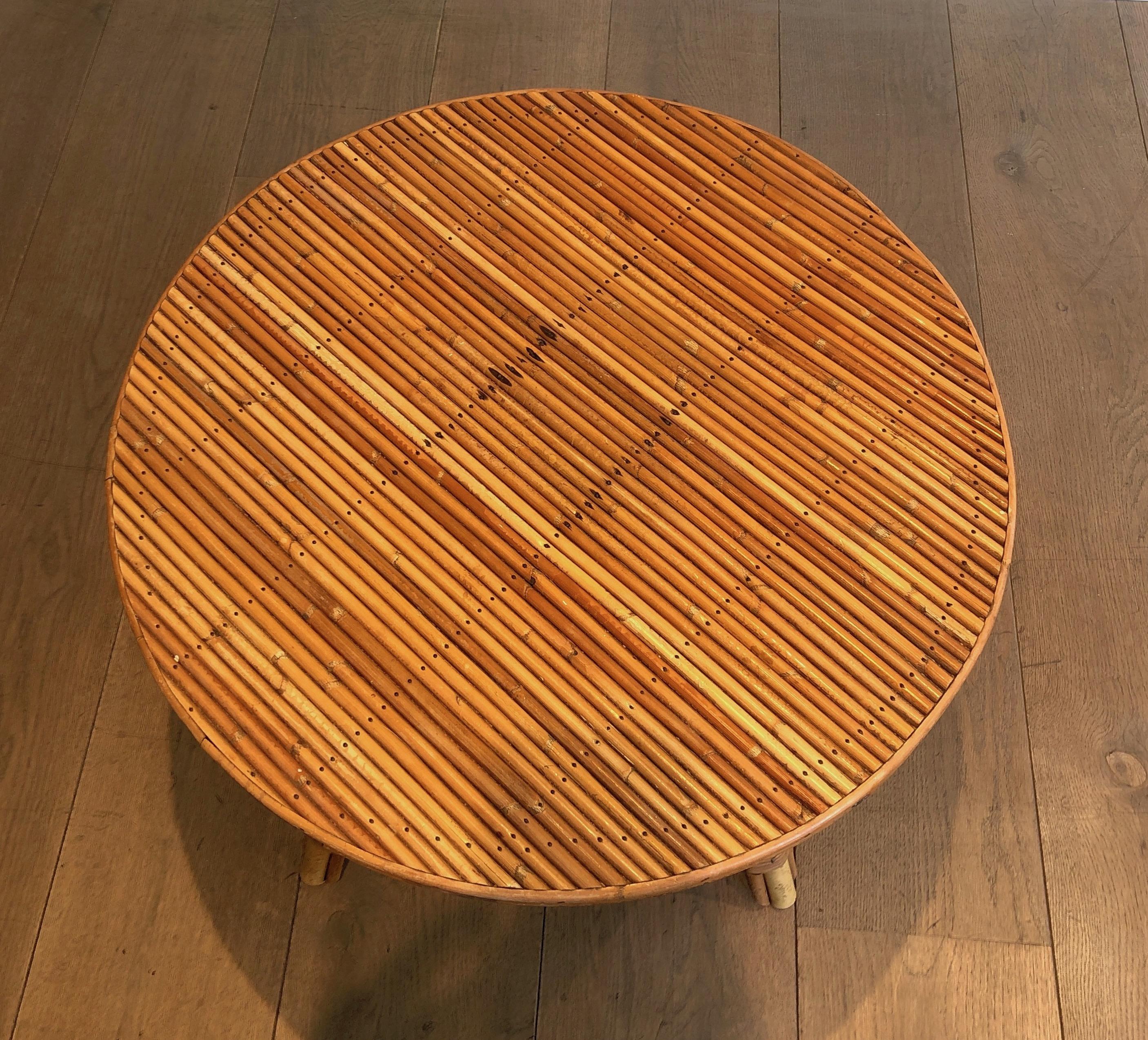Mid-20th Century Round Rattan Coffee Table Attributed to Audoux Minet. French Work, Circa 1950