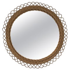 Specchio da parete rotondo in rattan intrecciato a mano, Svezia, anni '50