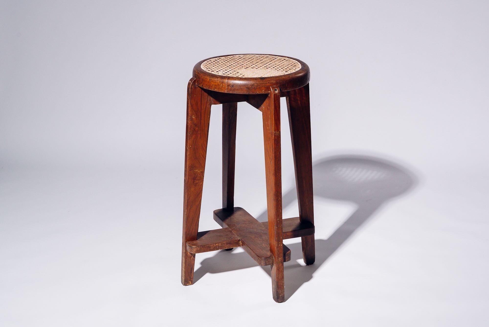 Mid-Century Modern Round Rattan High Stool by Pierre Jeanneret for Chandigarh, India, Circa 1965-66 For Sale