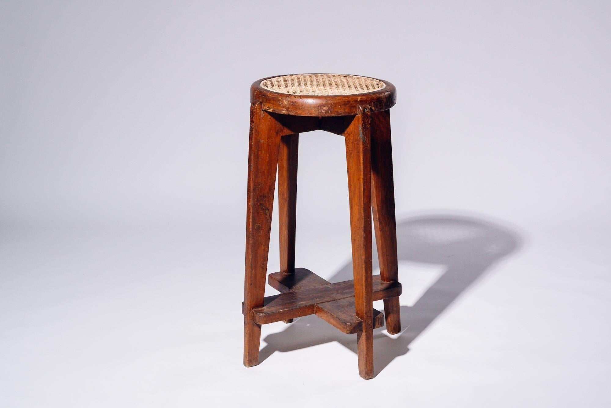Mid-Century Modern Round Rattan High Stool by Pierre Jeanneret for Chandigarh, India, Circa 1965-66 For Sale