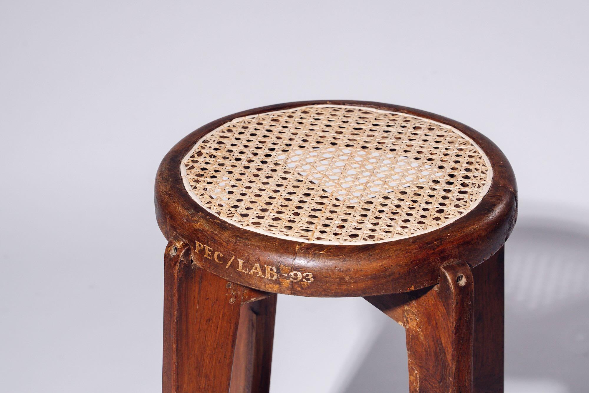 Indian Round Rattan High Stool by Pierre Jeanneret for Chandigarh, India, Circa 1965-66 For Sale