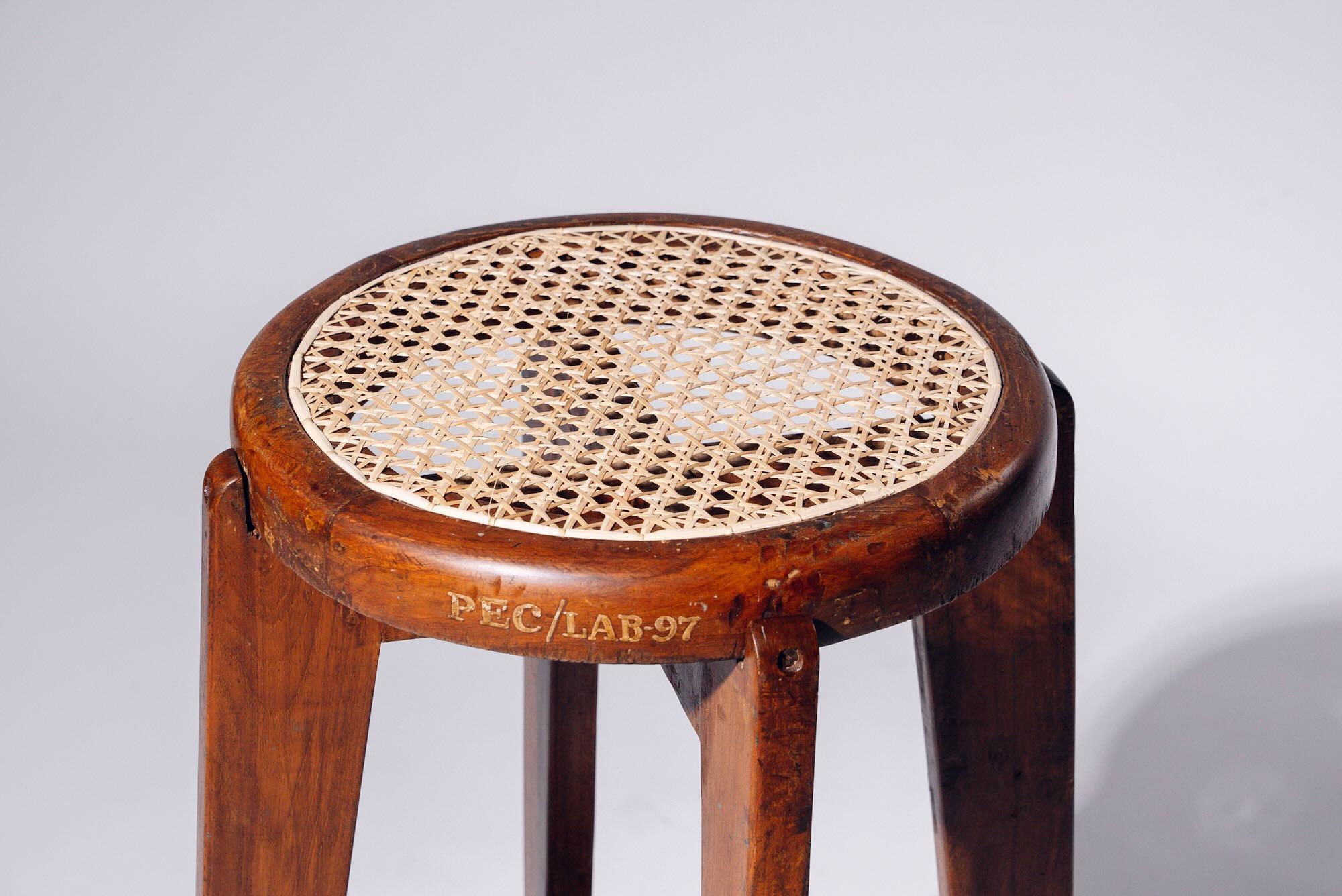 Indian Round Rattan High Stool by Pierre Jeanneret for Chandigarh, India, Circa 1965-66 For Sale