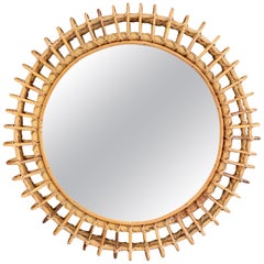 Round Rattan Italian Wall Mirror, 1960s