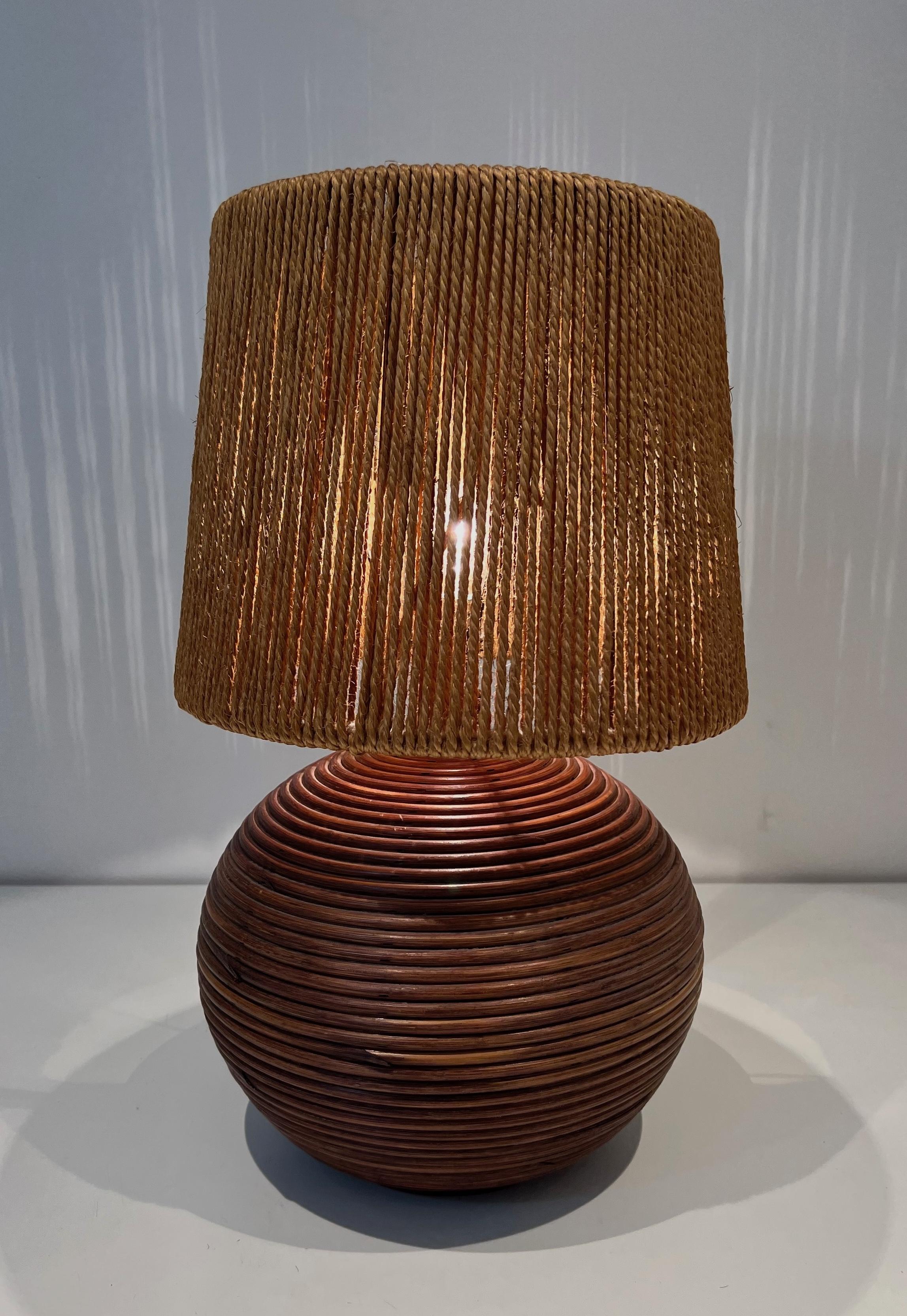 Mid-Century Modern Round Rattan Lamp with Rope Lampshade in the Style of Adrien Adoux Frida Minet For Sale