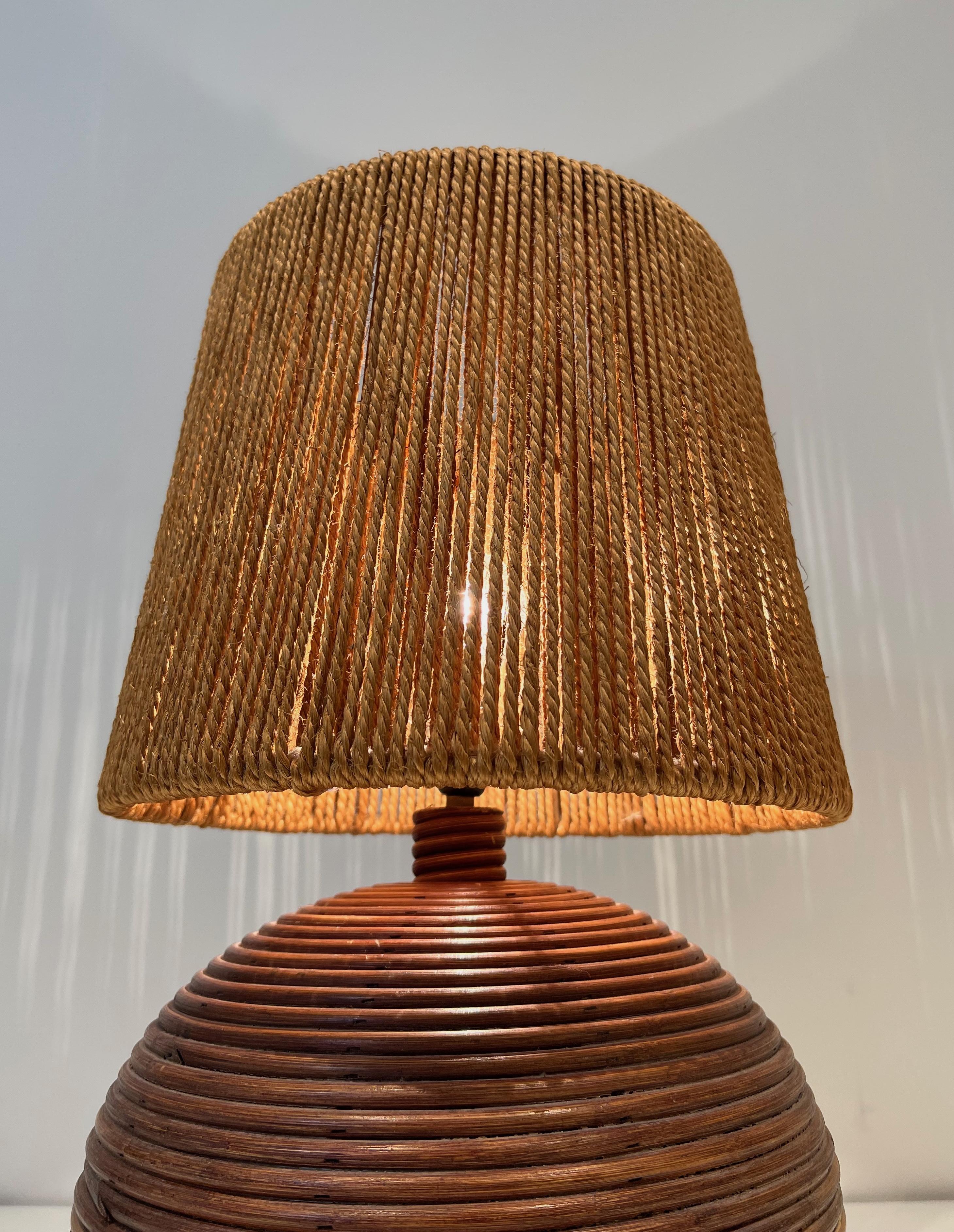 French Round Rattan Lamp with Rope Lampshade in the Style of Adrien Adoux Frida Minet For Sale