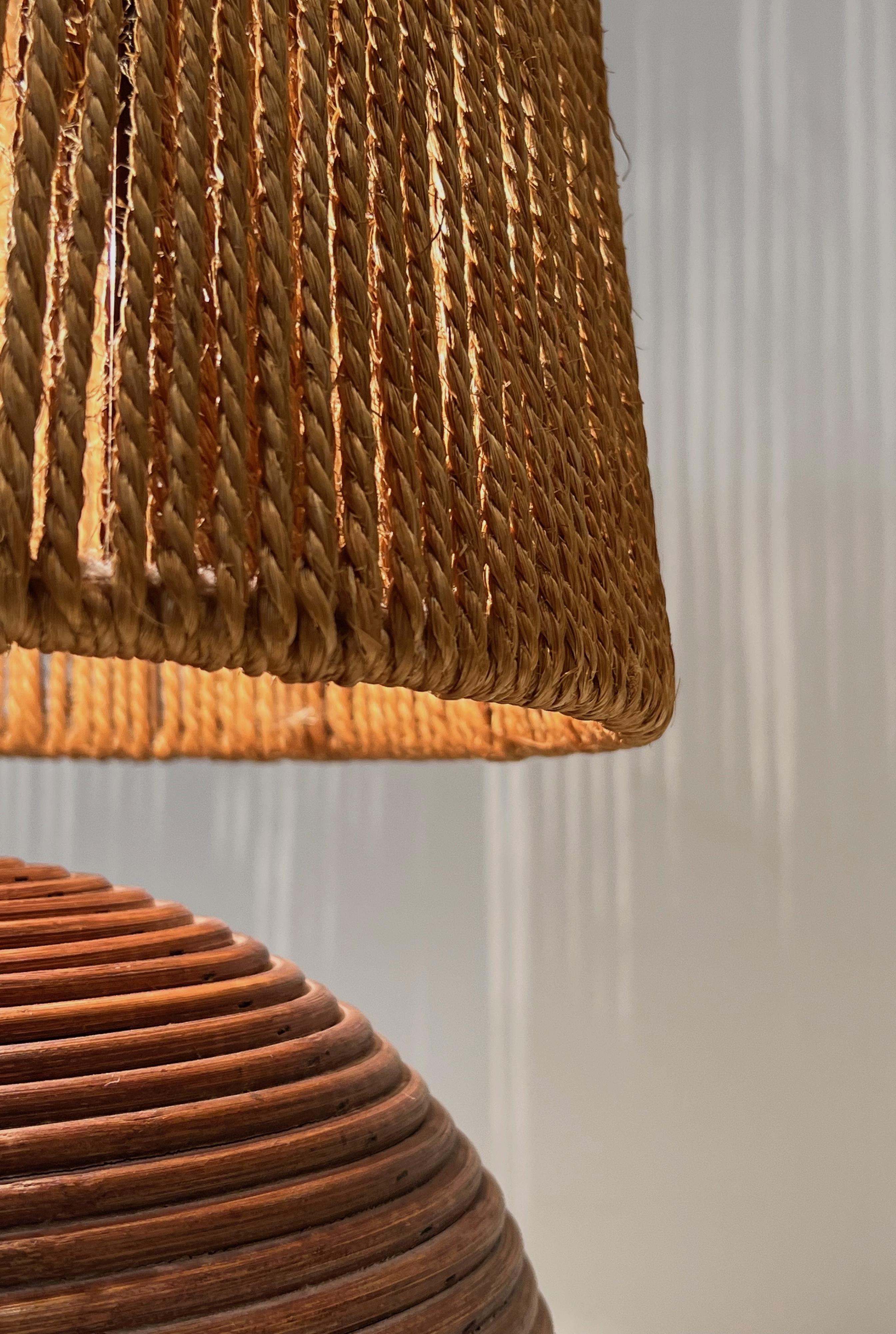 Late 20th Century Round Rattan Lamp with Rope Lampshade in the Style of Adrien Adoux Frida Minet For Sale