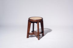 Tabouret bas rond en rotin par Pierre Jeanneret pour Chandigarh, Inde, vers 1965-66