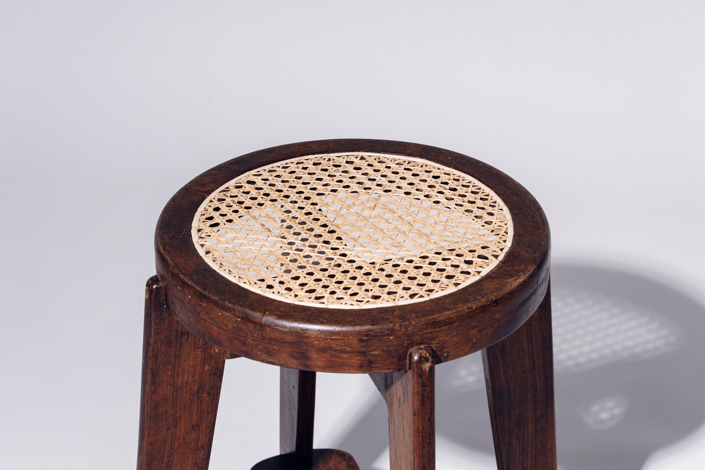 Mid-Century Modern Round Rattan Low Stool by Pierre Jeanneret for Chandigarh, India, Circa 1965-66 For Sale