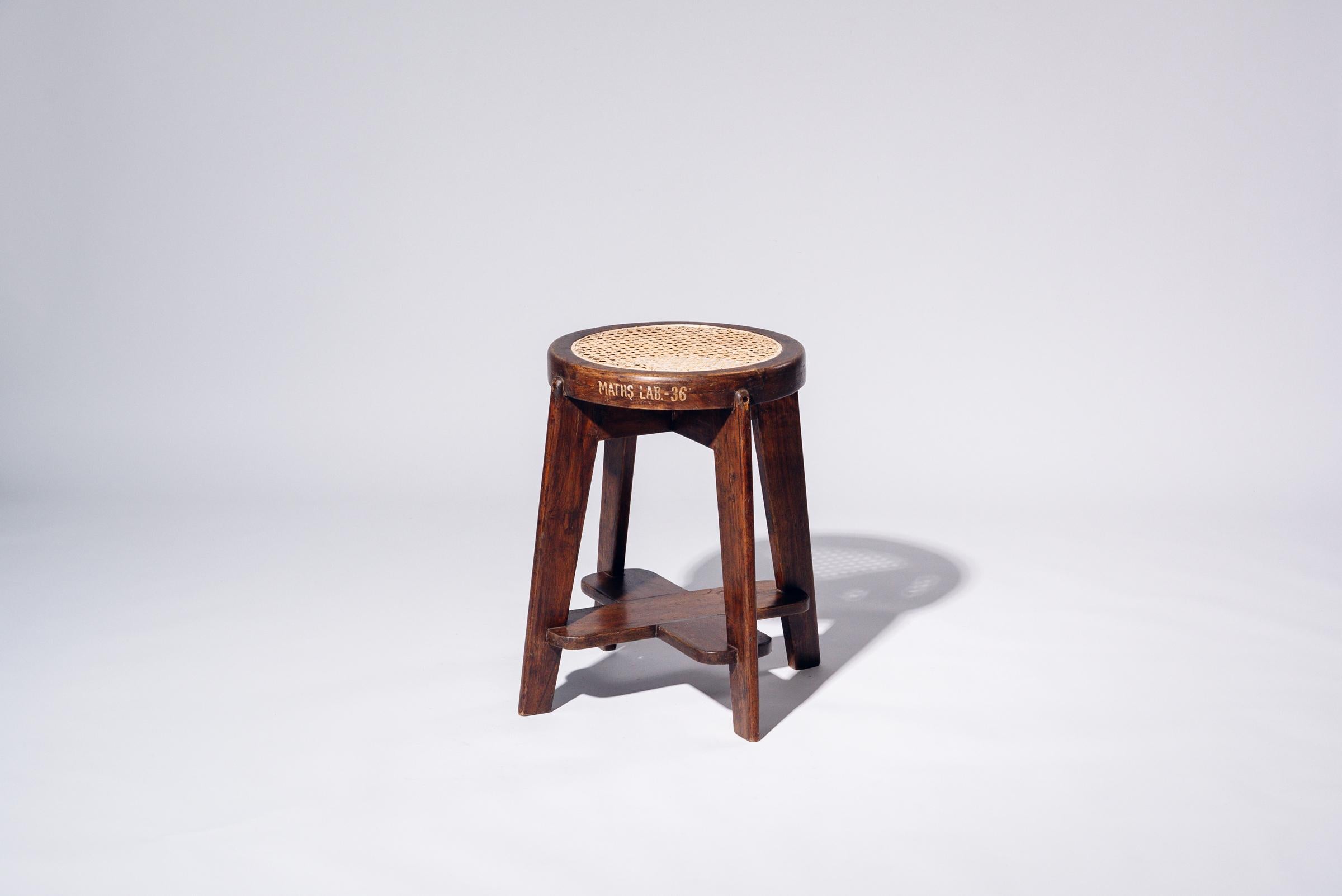 Hand-Woven Round Rattan Low Stool by Pierre Jeanneret for Chandigarh, India, Circa 1965-66 For Sale