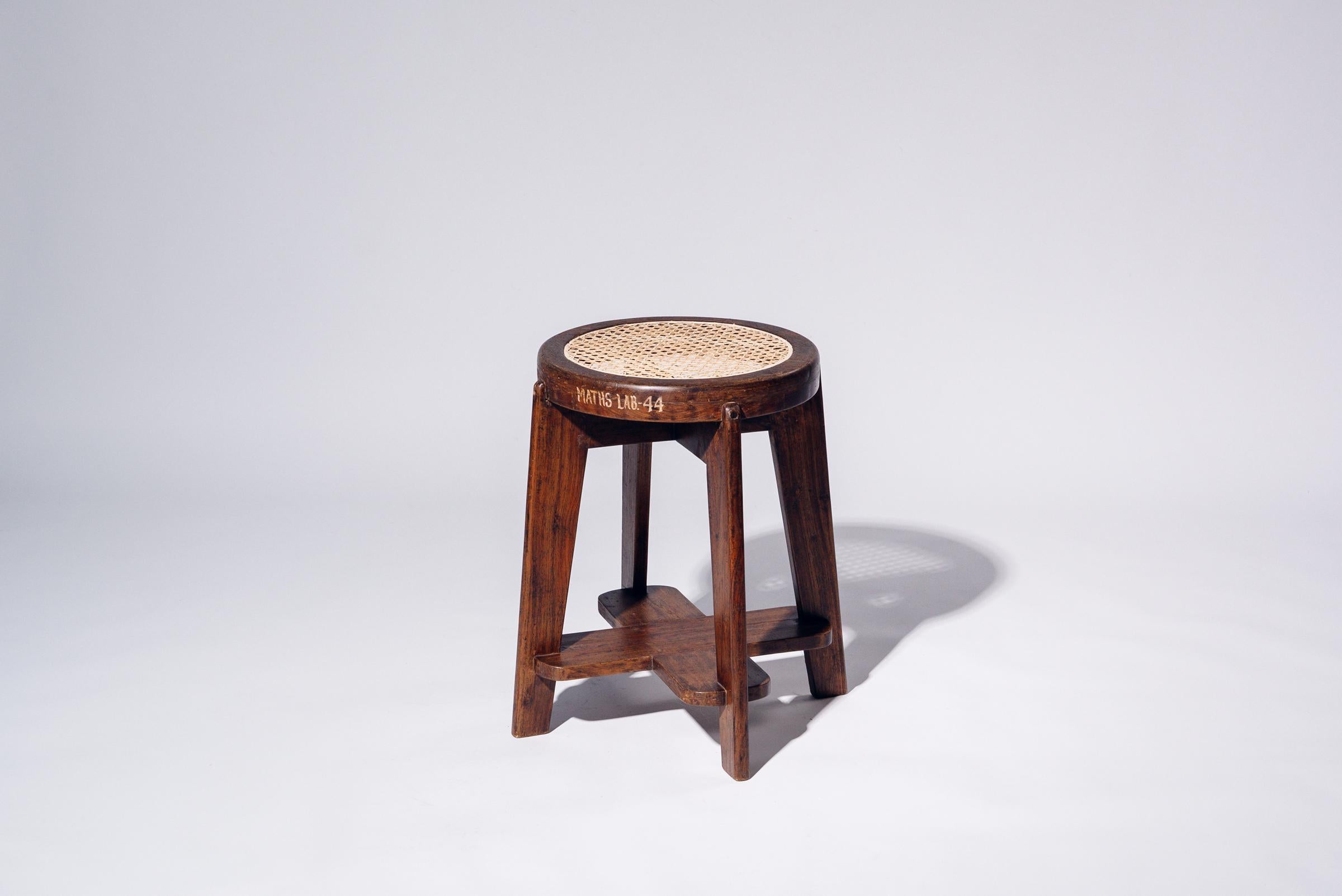 Hand-Woven Round Rattan Low Stool by Pierre Jeanneret for Chandigarh, India, Circa 1965-66 For Sale