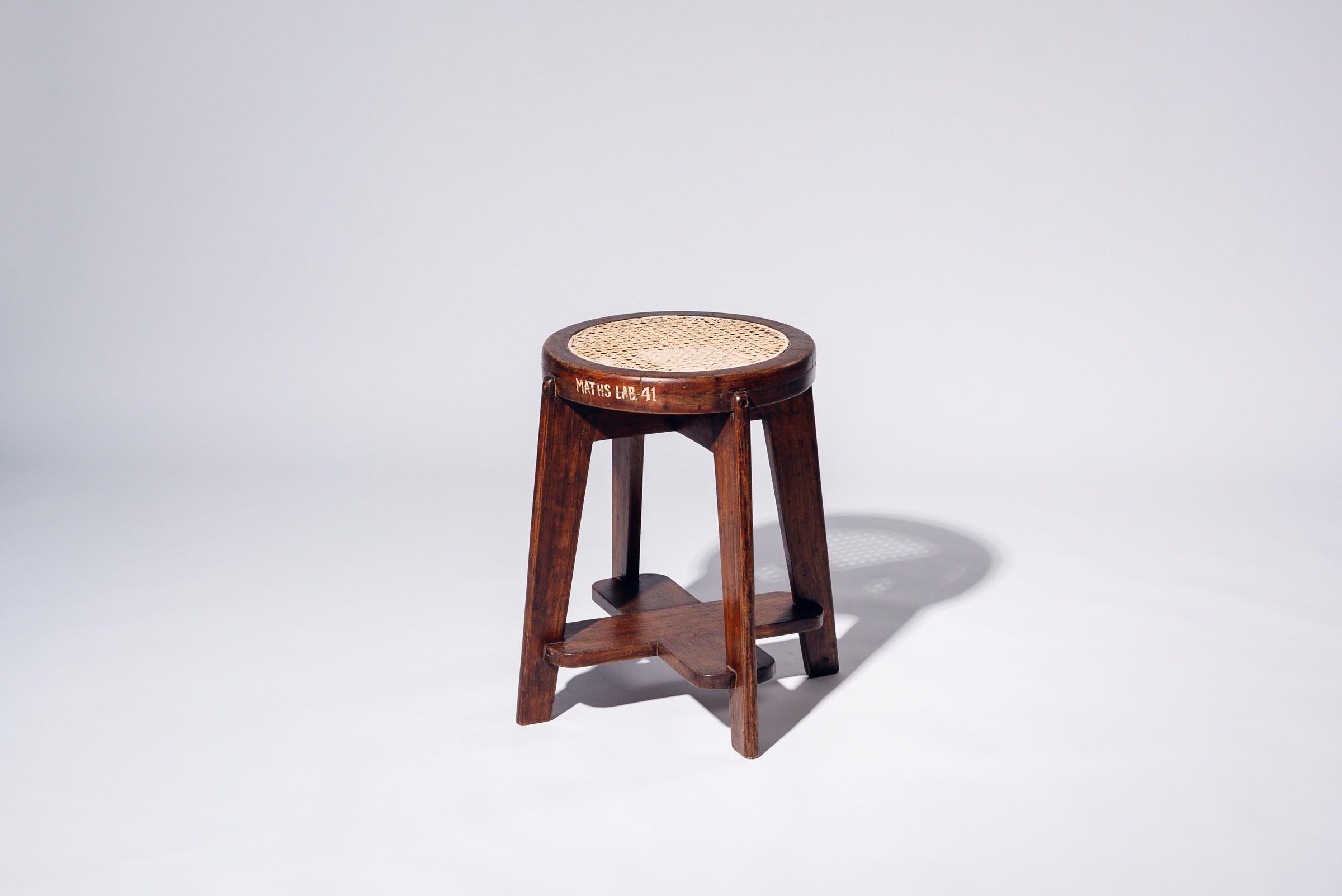 Hand-Woven Round Rattan Low Stool by Pierre Jeanneret for Chandigarh, India, Circa 1965-66 For Sale