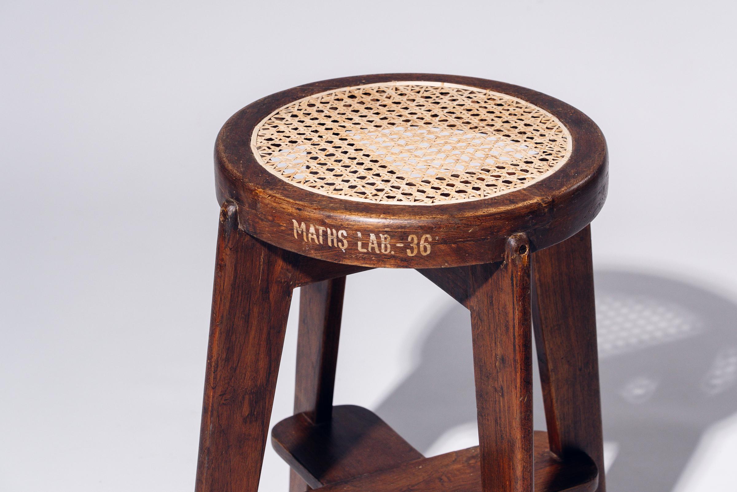 Round Rattan Low Stool by Pierre Jeanneret for Chandigarh, India, Circa 1965-66 In Good Condition For Sale In Tokyo, JP