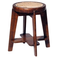 Round Rattan Low Stool by Pierre Jeanneret for Chandigarh, India, Circa 1965-66