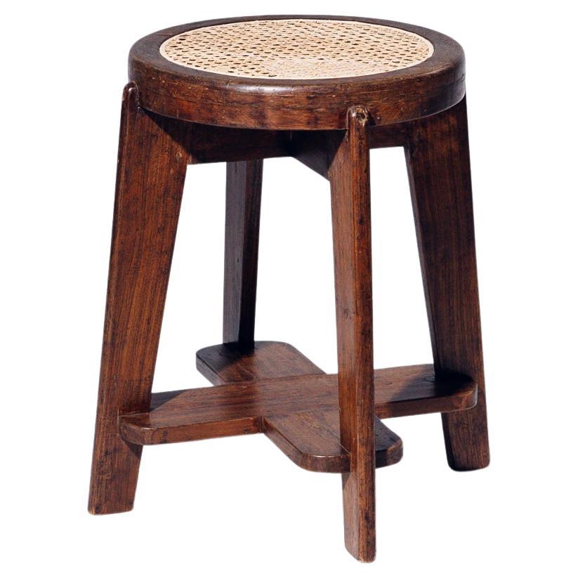 Round Rattan Low Stool by Pierre Jeanneret for Chandigarh, India, Circa 1965-66
