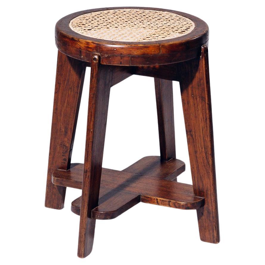 Round Rattan Low Stool by Pierre Jeanneret for Chandigarh, India, Circa 1965-66 For Sale