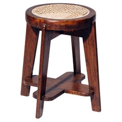 Round Rattan Low Stool by Pierre Jeanneret for Chandigarh, India, Circa 1965-66