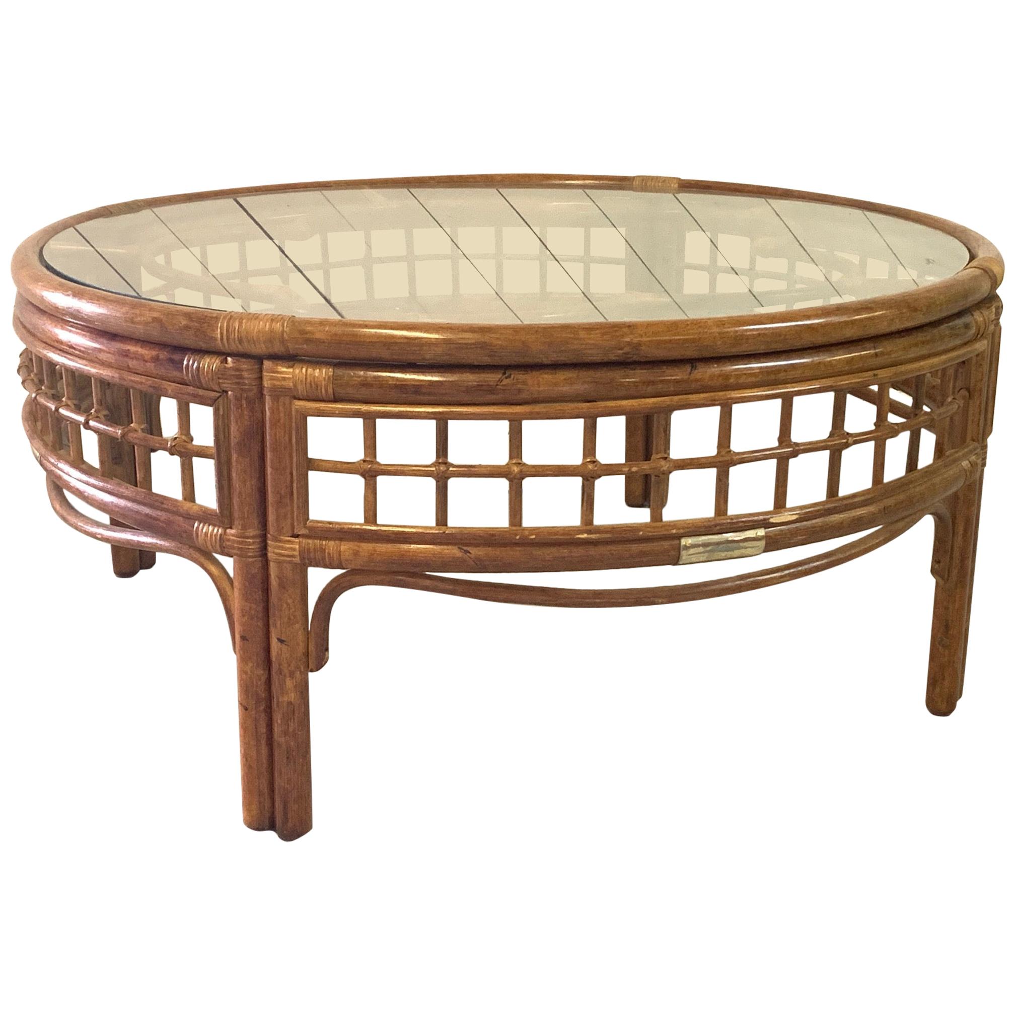 Round Rattan Midcentury Coffee Table