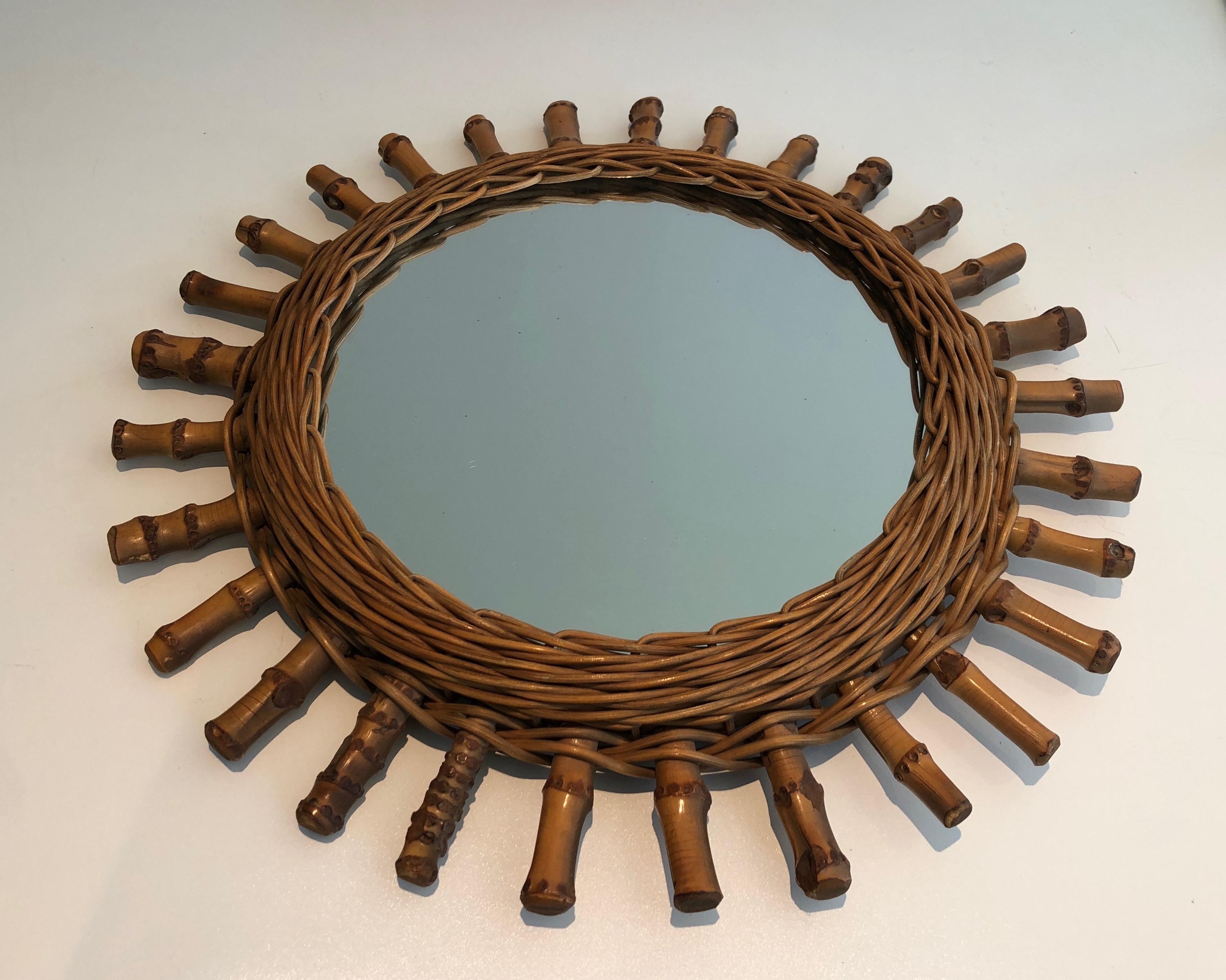 Mid-Century Modern Round Rattan Mirror For Sale