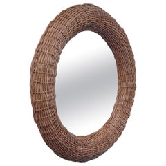 Round Rattan Mirror, France, 1950s