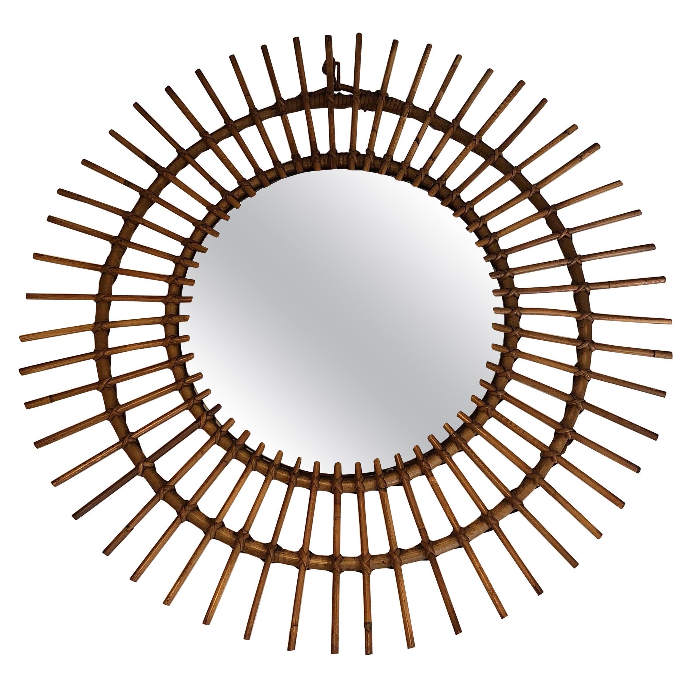 Specchio rotondo in rattan, Francia, circa 1950