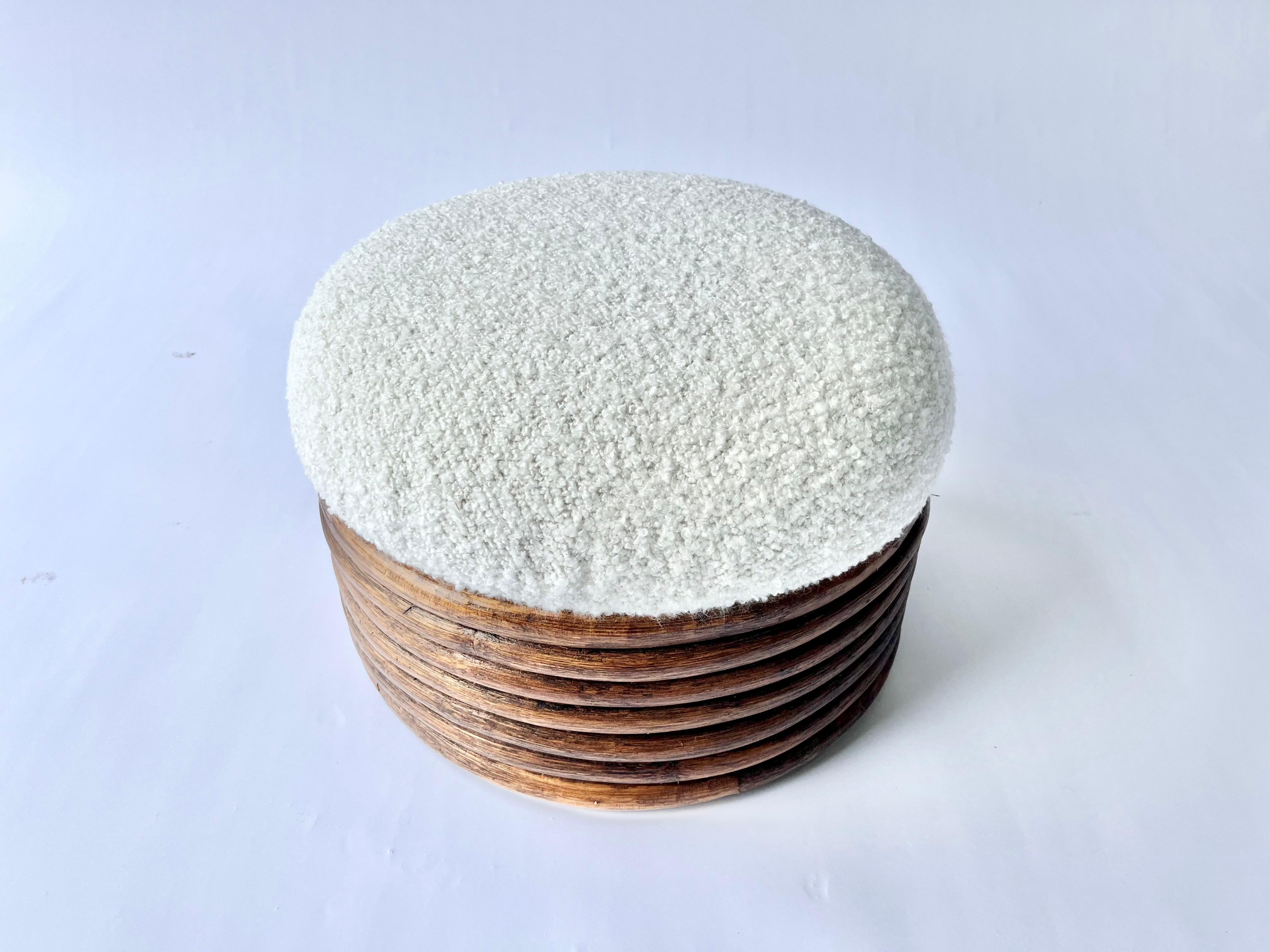Modern Round Rattan Ottoman, Boucle, Mid Century For Sale