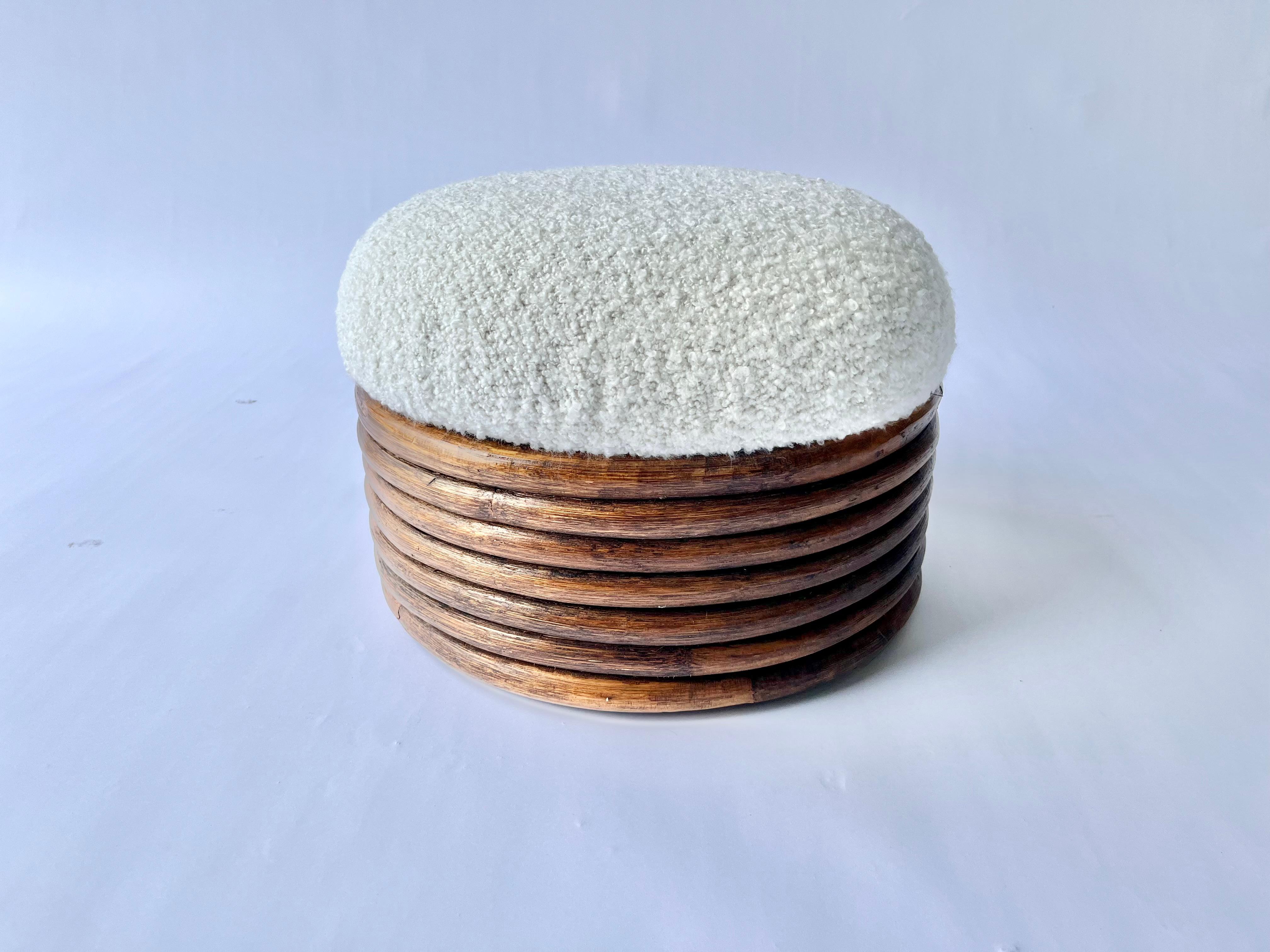 Indonesian Round Rattan Ottoman, Boucle, Mid Century For Sale