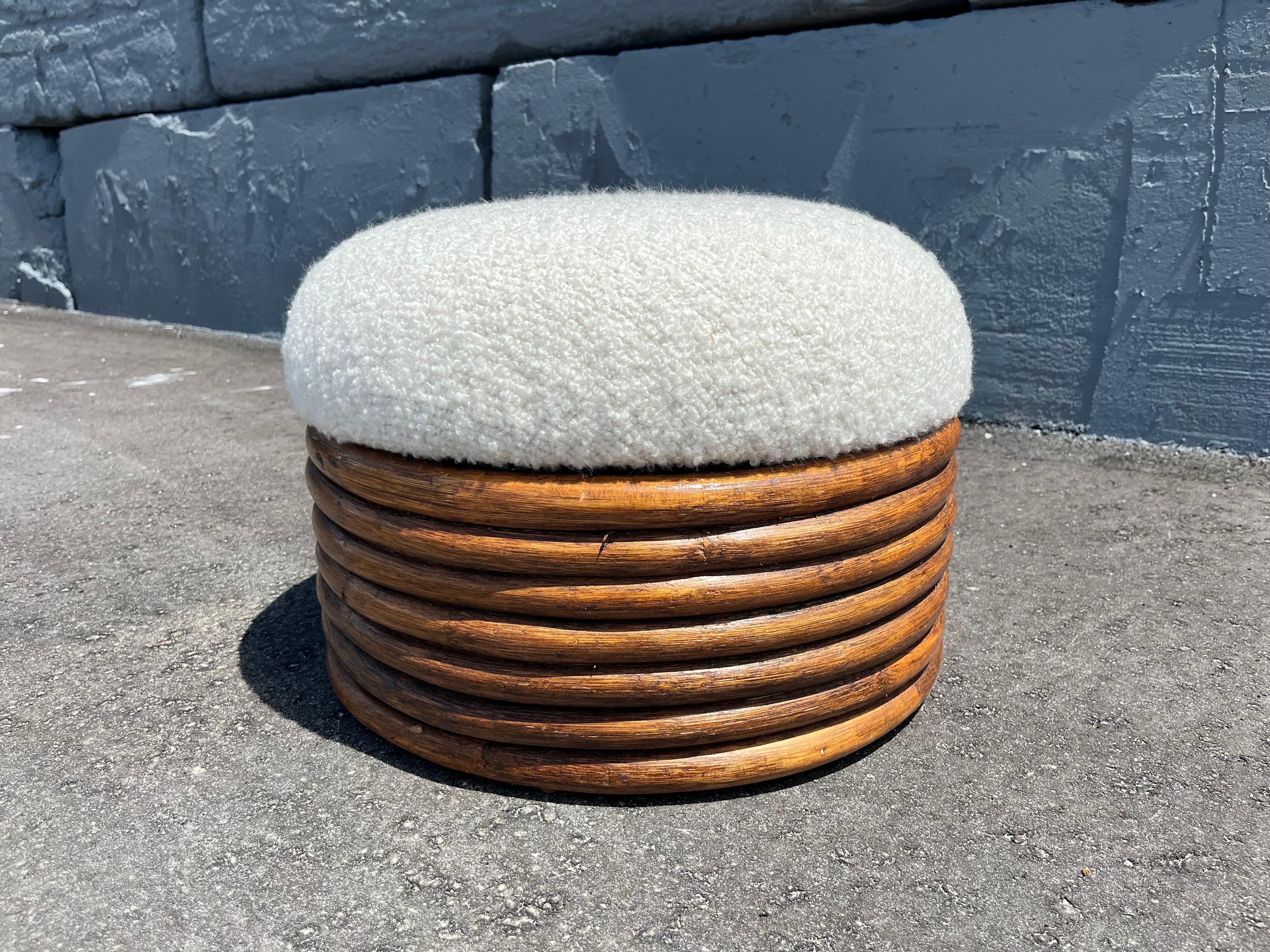 Late 20th Century Round Rattan Ottoman, Boucle, Mid Century For Sale