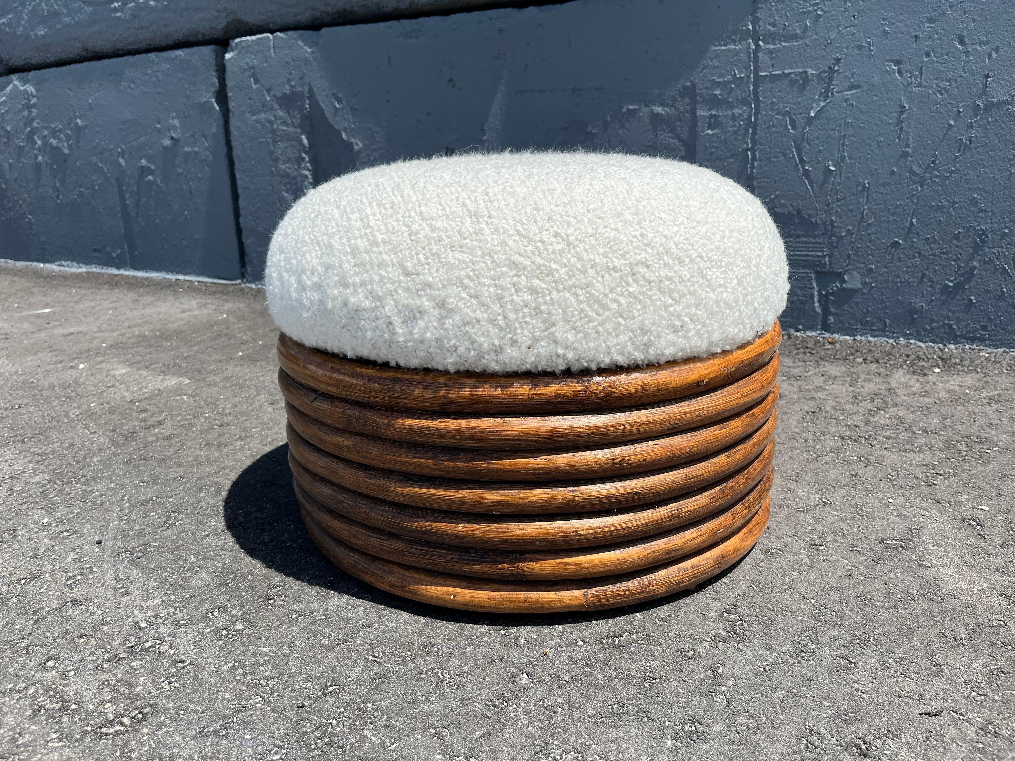 Fabric Round Rattan Ottoman, Boucle, Mid Century For Sale