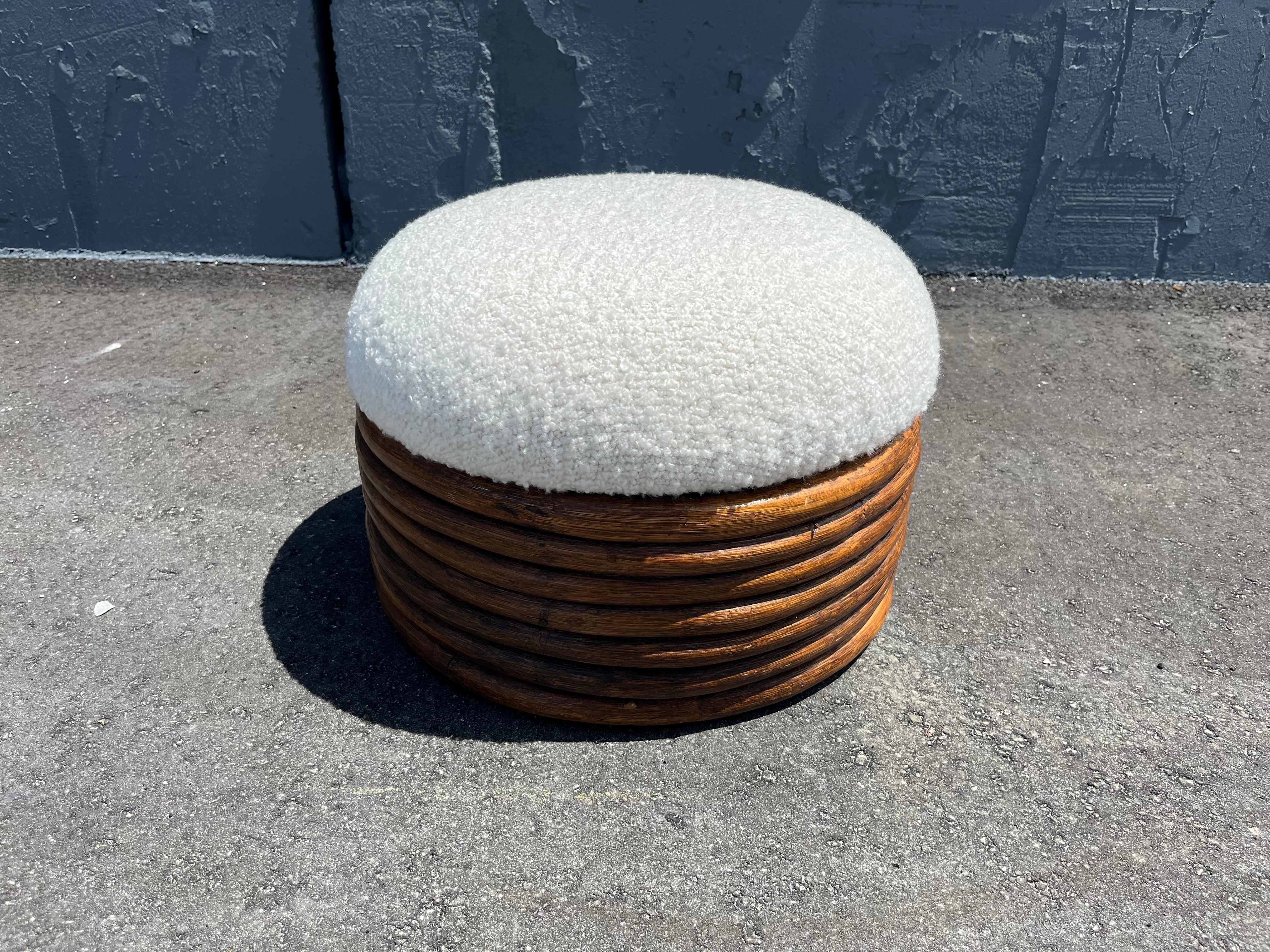 Round Rattan Ottoman, Boucle, Mid Century For Sale 1