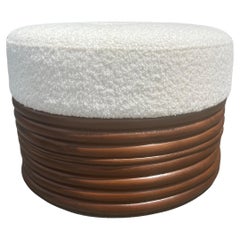 Round Rattan Ottoman, Boucle, Mid Century