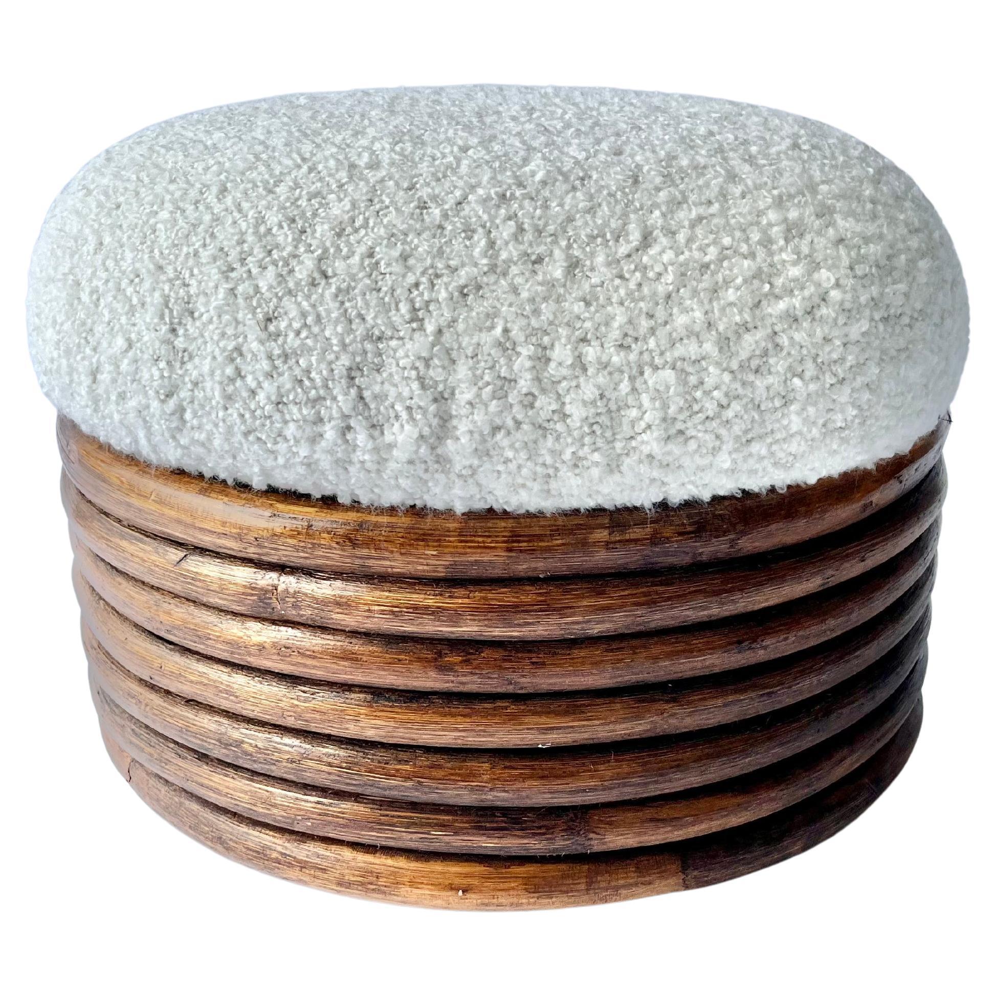 Round Rattan Ottoman, Boucle, Mid Century For Sale