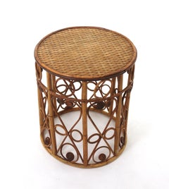 Round Rattan Side Table  with Filigree Details, Spain 60's