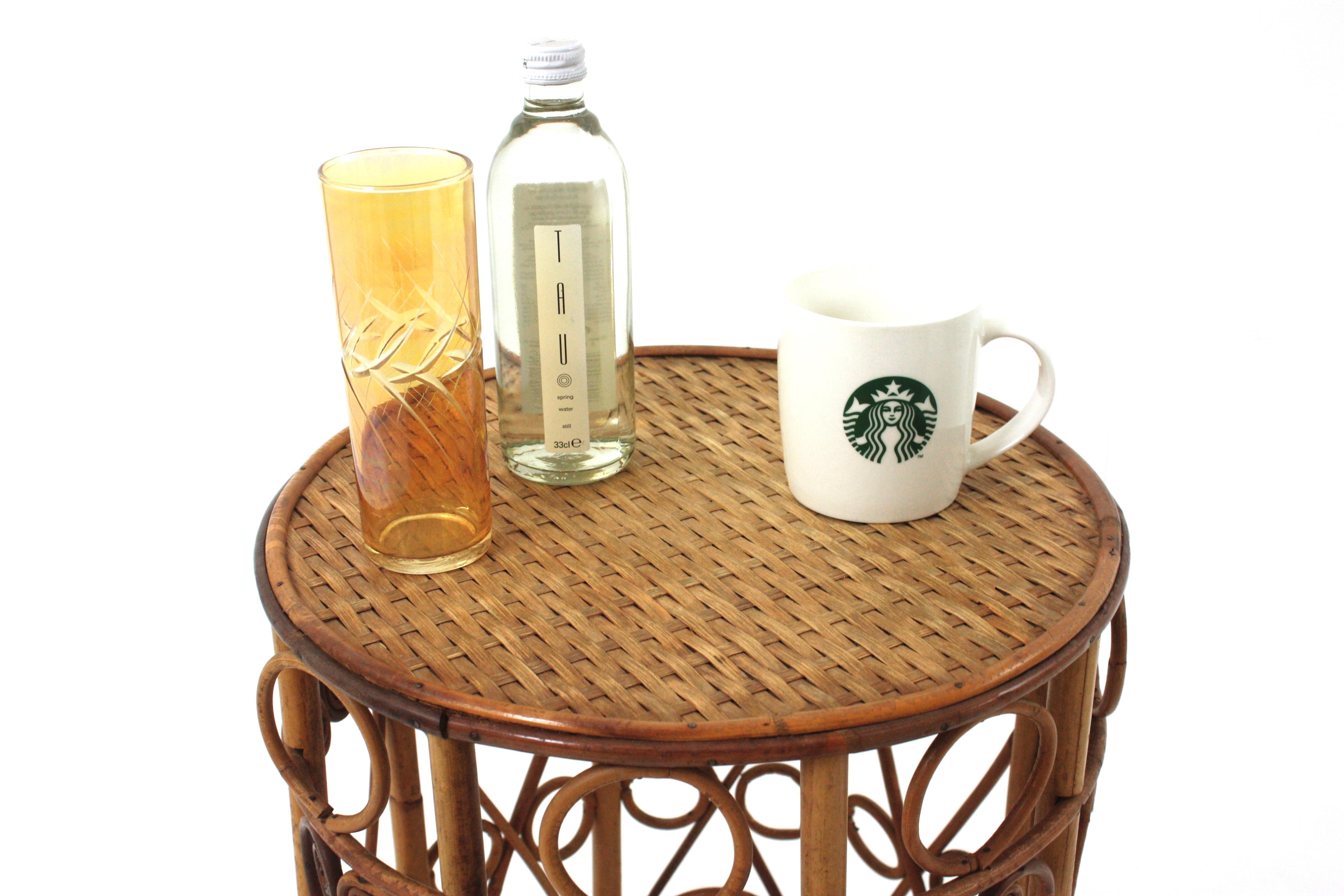 Bohemian Round Rattan Side Table  with Filigree Details, Spain 60's For Sale