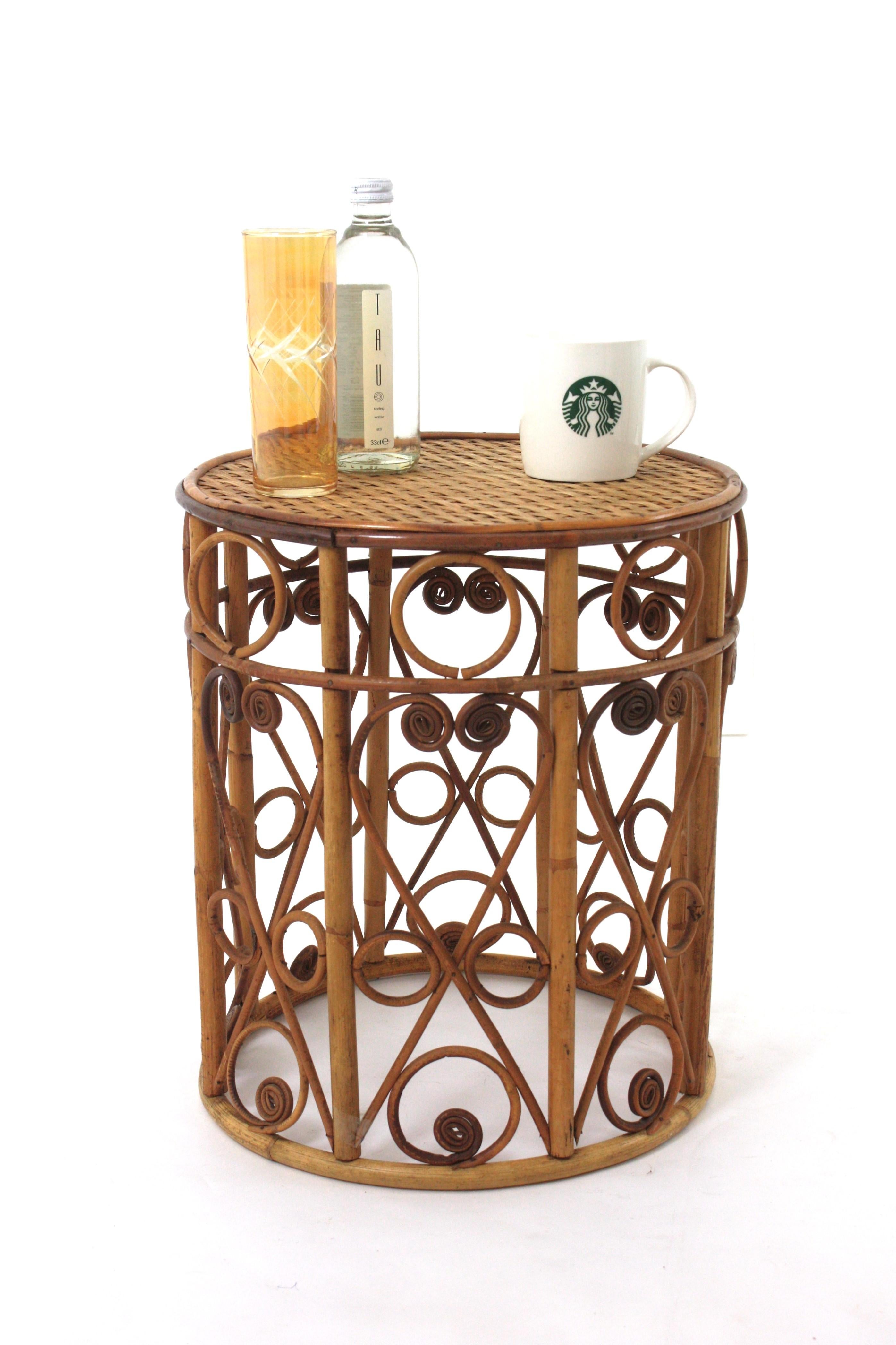 Spanish Round Rattan Side Table  with Filigree Details, Spain 60's For Sale