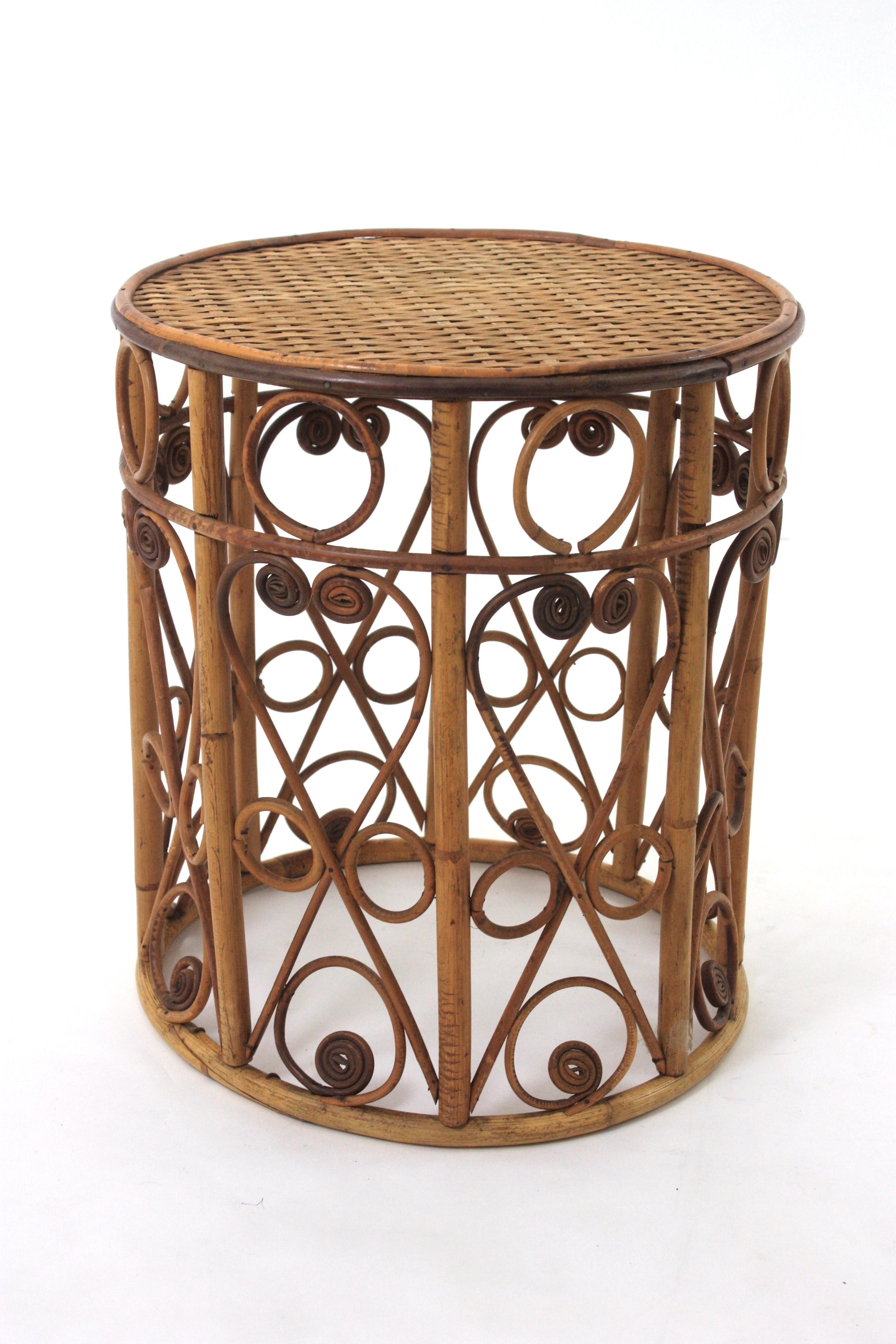 Hand-Crafted Round Rattan Side Table  with Filigree Details, Spain 60's For Sale