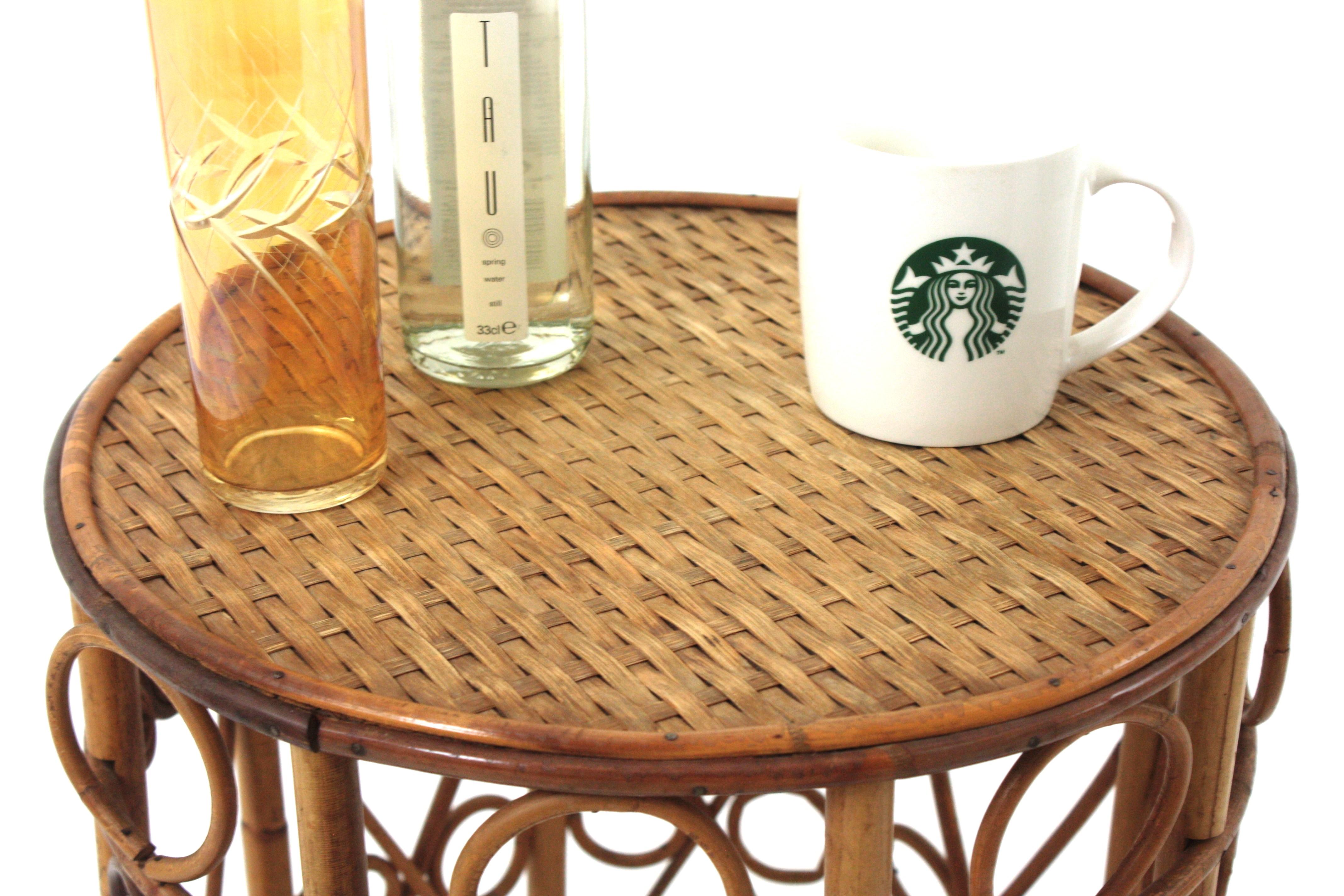 20th Century Round Rattan Side Table  with Filigree Details, Spain 60's For Sale