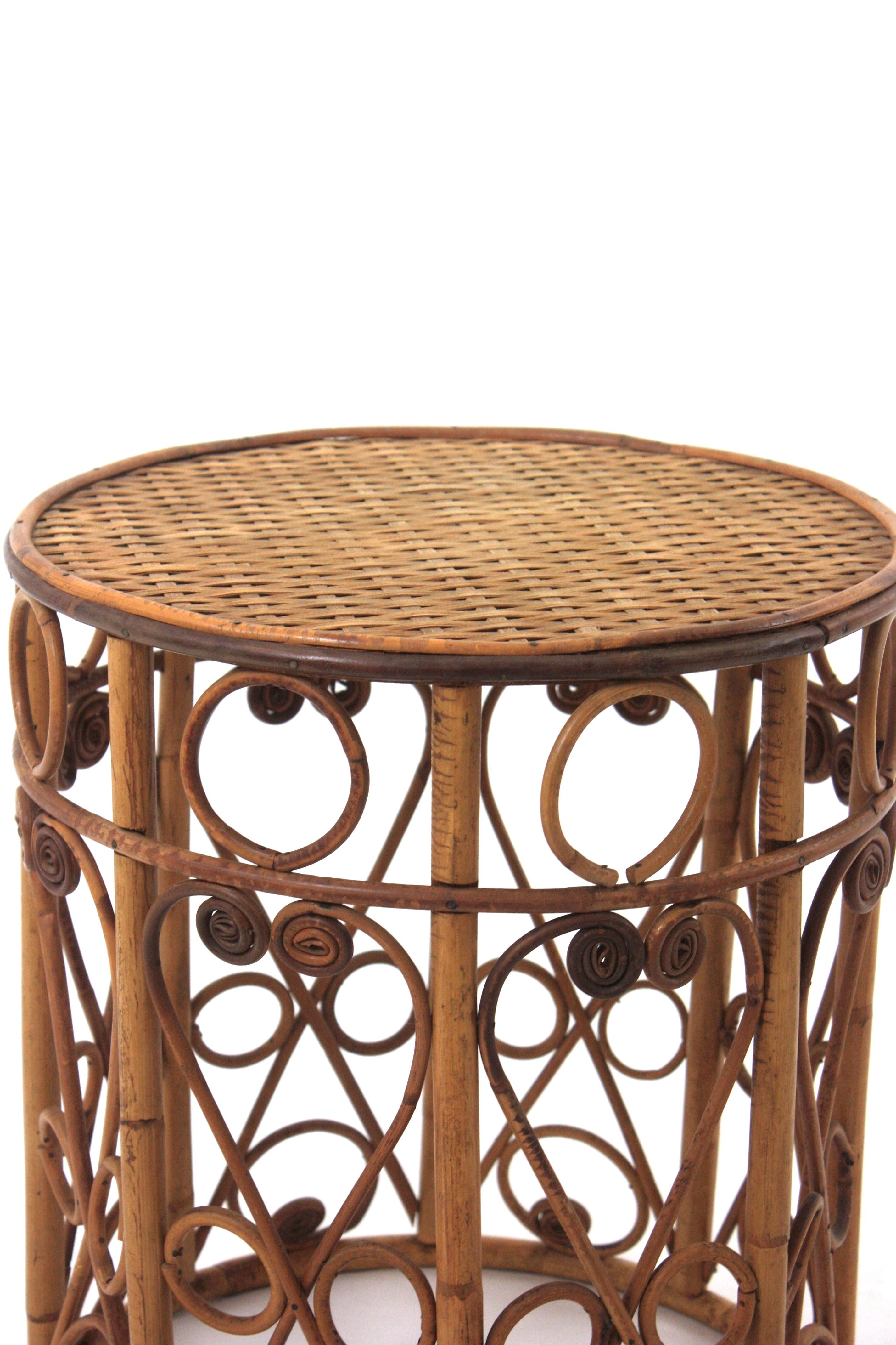 Wicker Round Rattan Side Table  with Filigree Details, Spain 60's For Sale