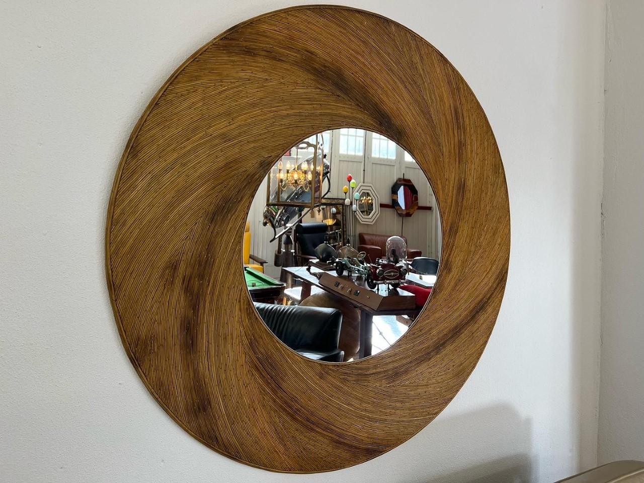 Round Rattan Wall Mirror, 1970s For Sale 5