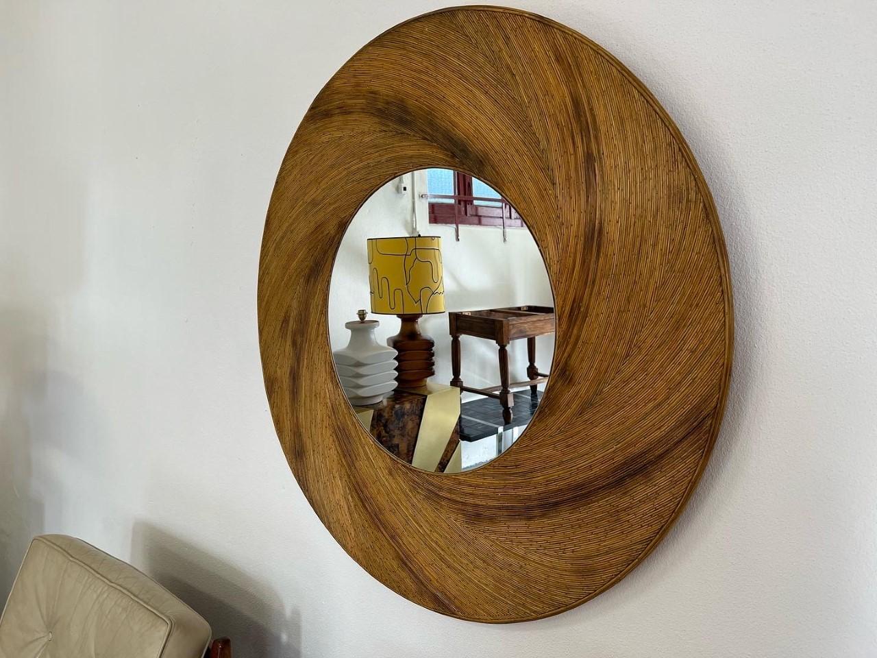 French Round Rattan Wall Mirror, 1970s For Sale