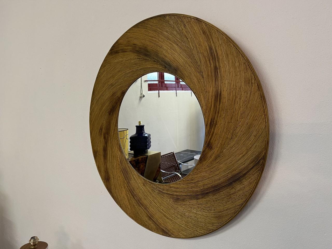 Contemporary Round Rattan Wall Mirror, 1970s For Sale