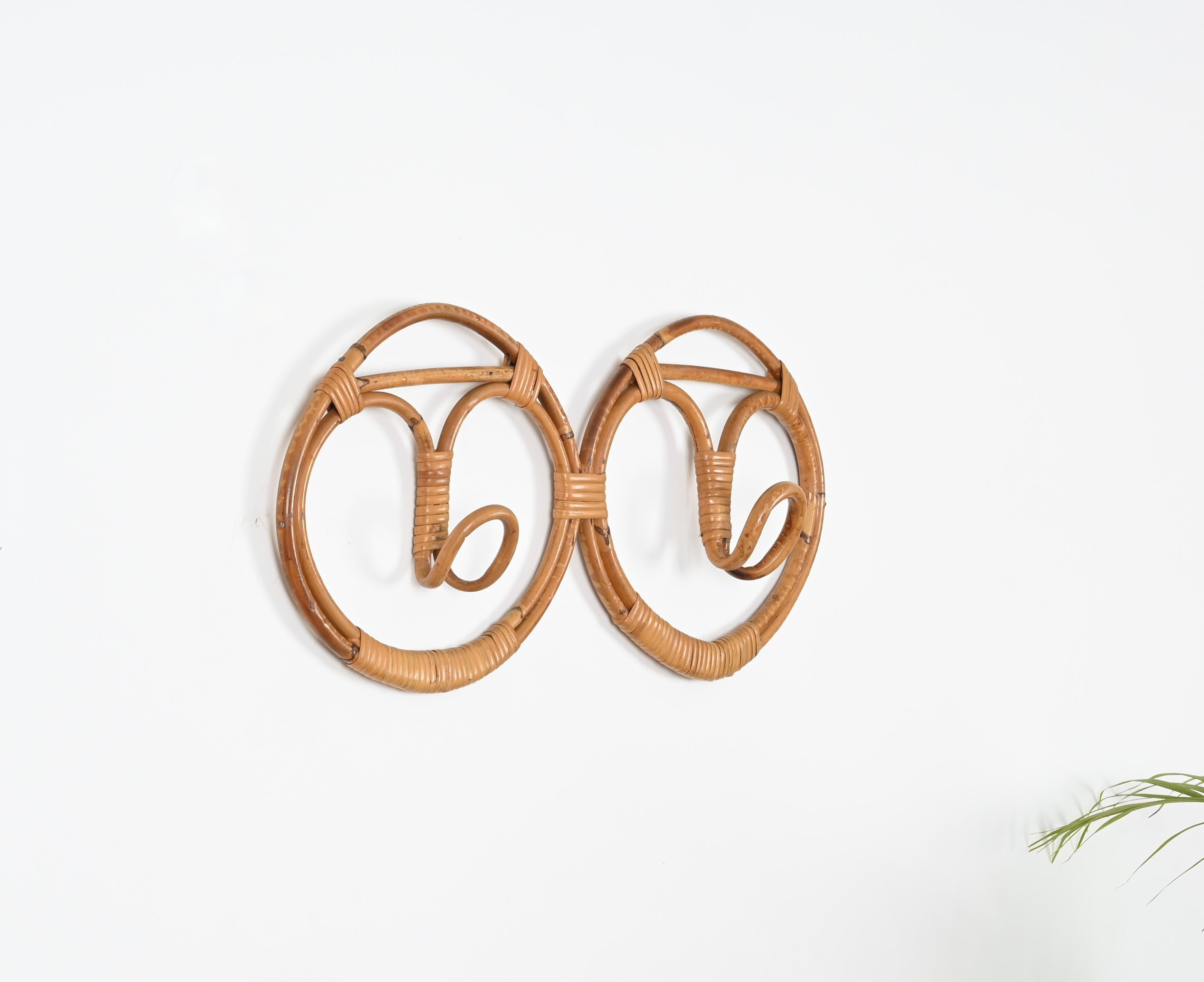 Mid-Century Modern French Riviera Double Coat Rack, Bamboo and Wicker by Albini & Helg, Italy 1960s For Sale