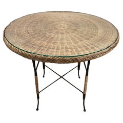 Round Rattan Wicker Table On Black Metal Frame with Glass Top, Germany, ca. 1920