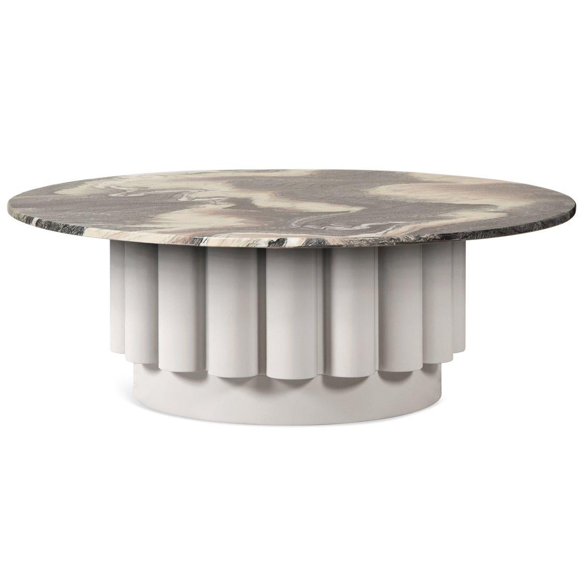 For those wanting a stunning center-piece for a living room or lobby. A fluted base in smoke ember lacquer finish is the most distinctive design element of this customizable coffee table. The posh Ravine stone marble top is dramatic and naturally