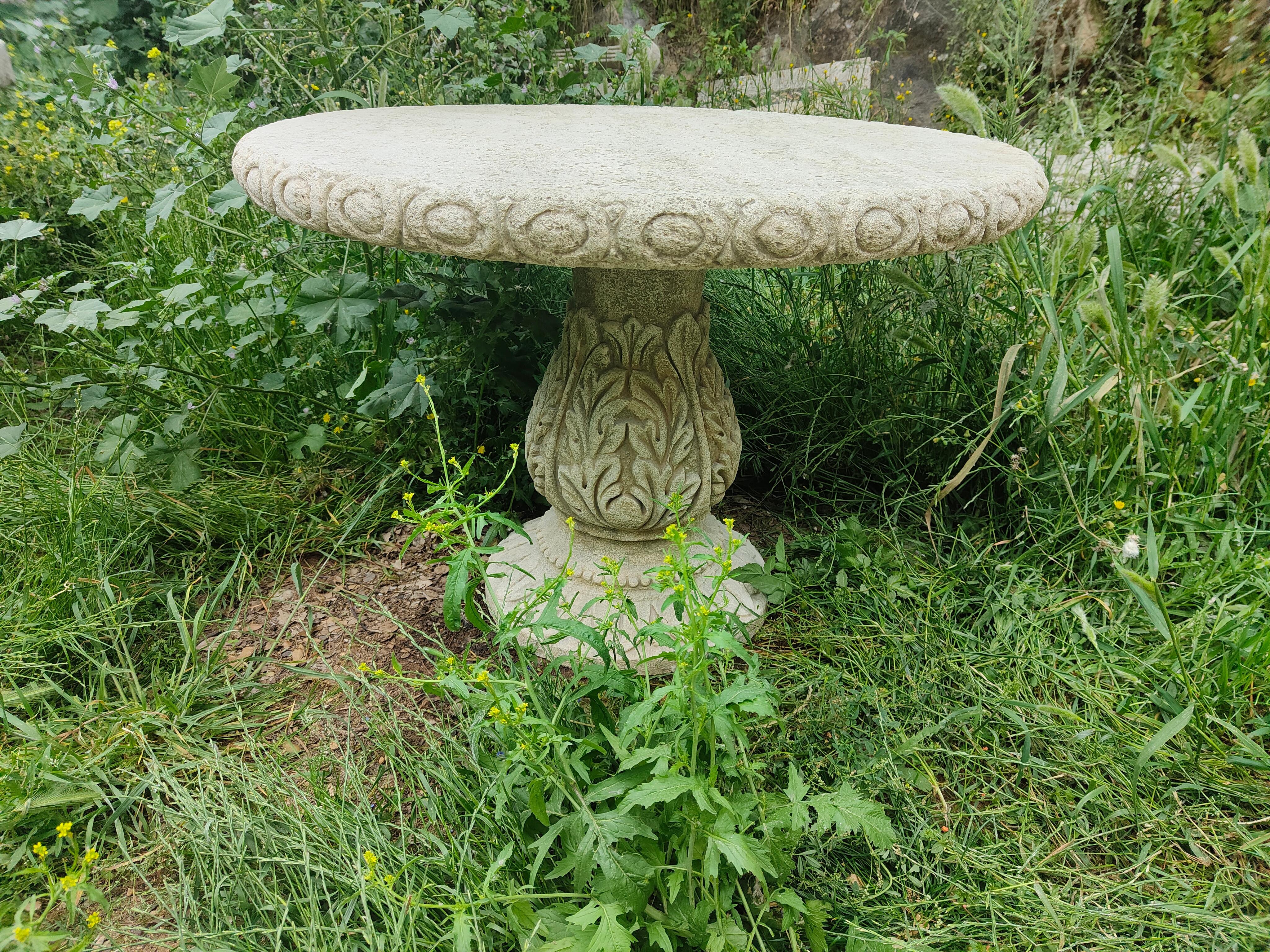 Hand-Carved Round Reclaimed Antique Old Stone Table For Sale