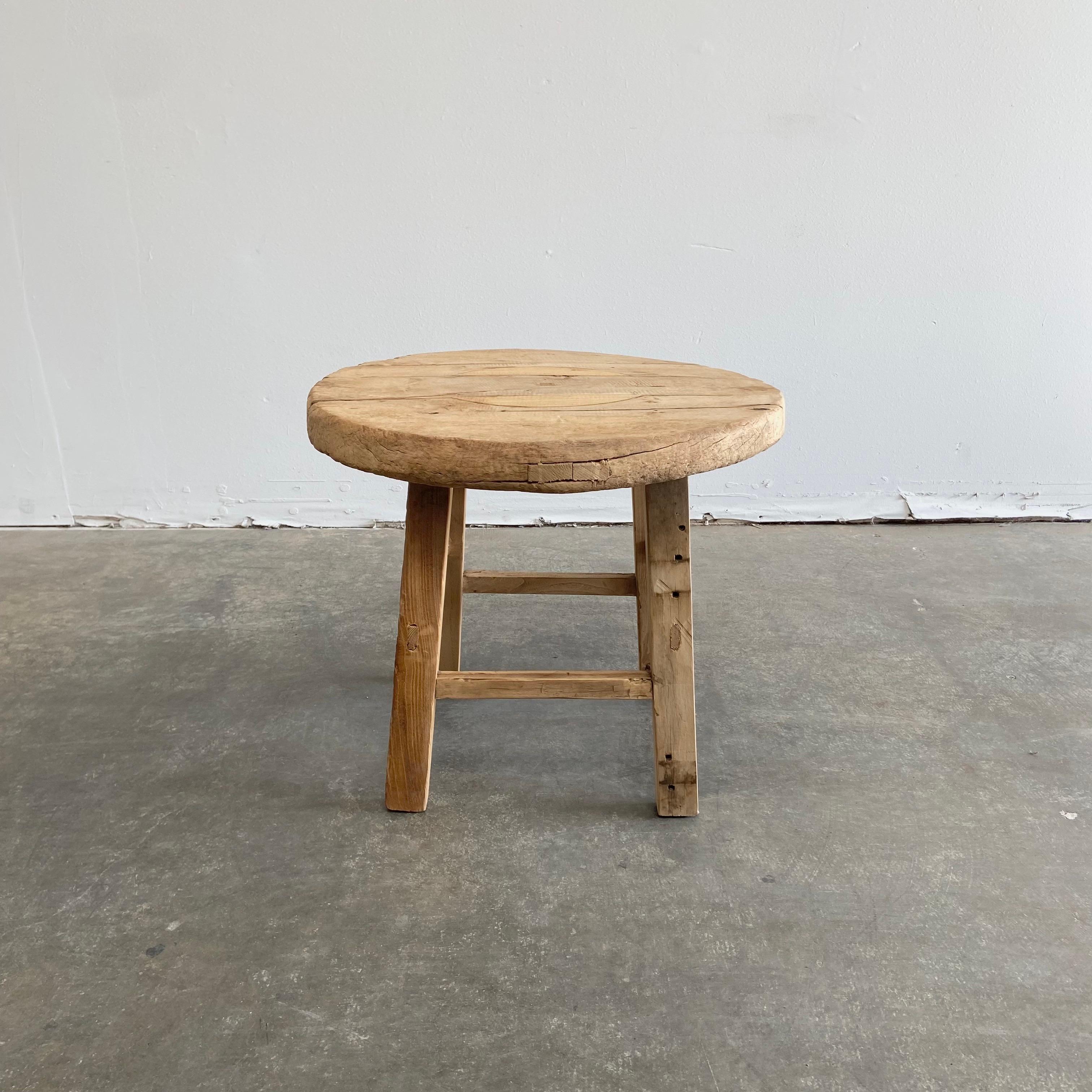 Round Reclaimed Elm Wood Side Table In New Condition In Brea, CA