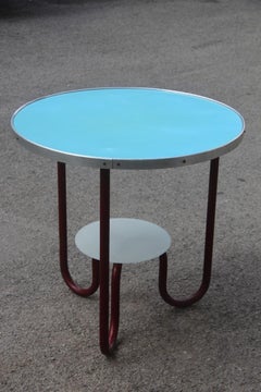 Round Red Blue Bauhaus Coffee Table by Marcel Breuer Attributed 1950s France