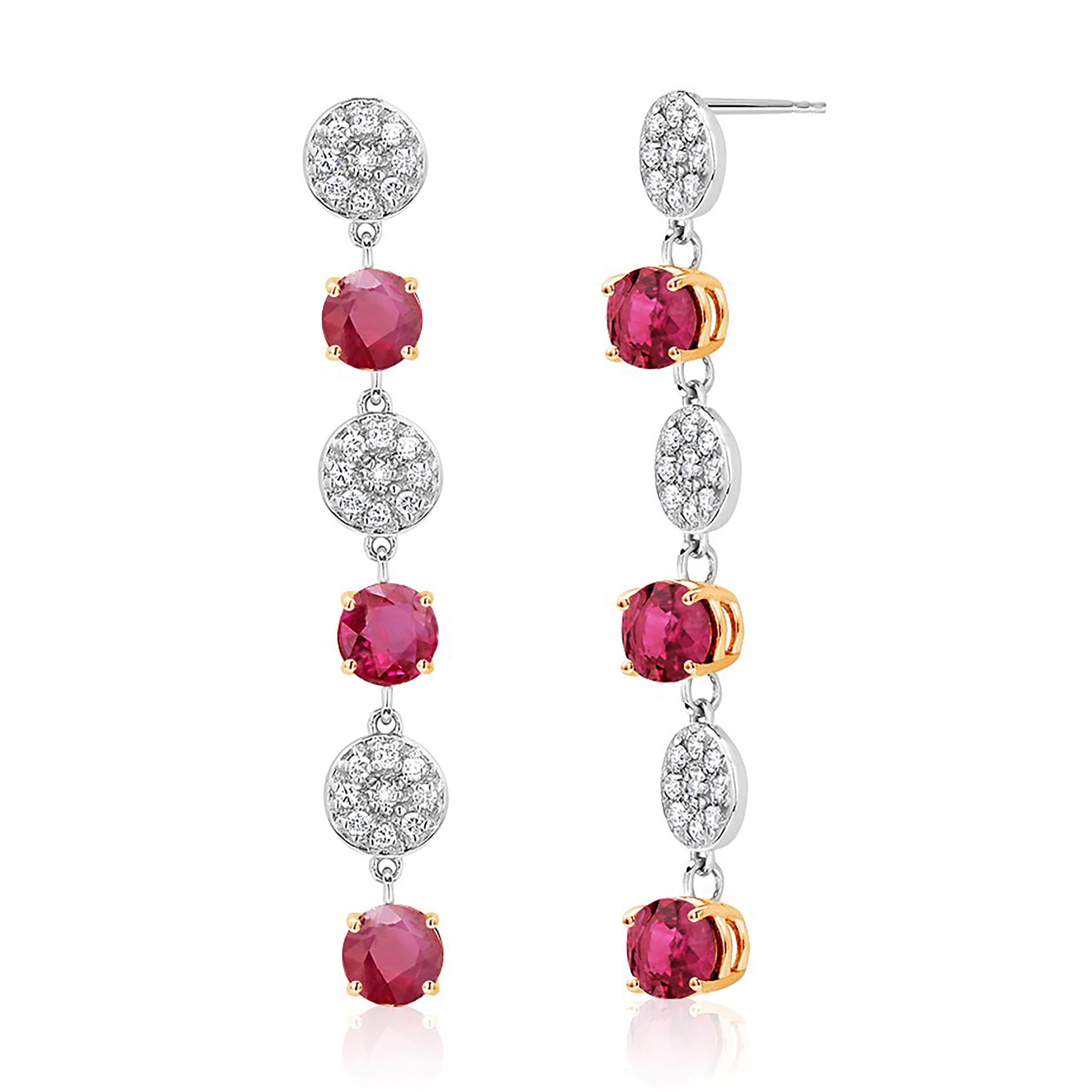 Round Cut Round Red Burma Ruby and Diamonds Triple Tiered Gold Drop Earrings