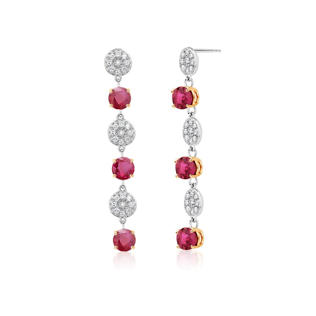 Women's Round Red Burma Ruby and Diamonds Triple Tiered Gold Drop Earrings