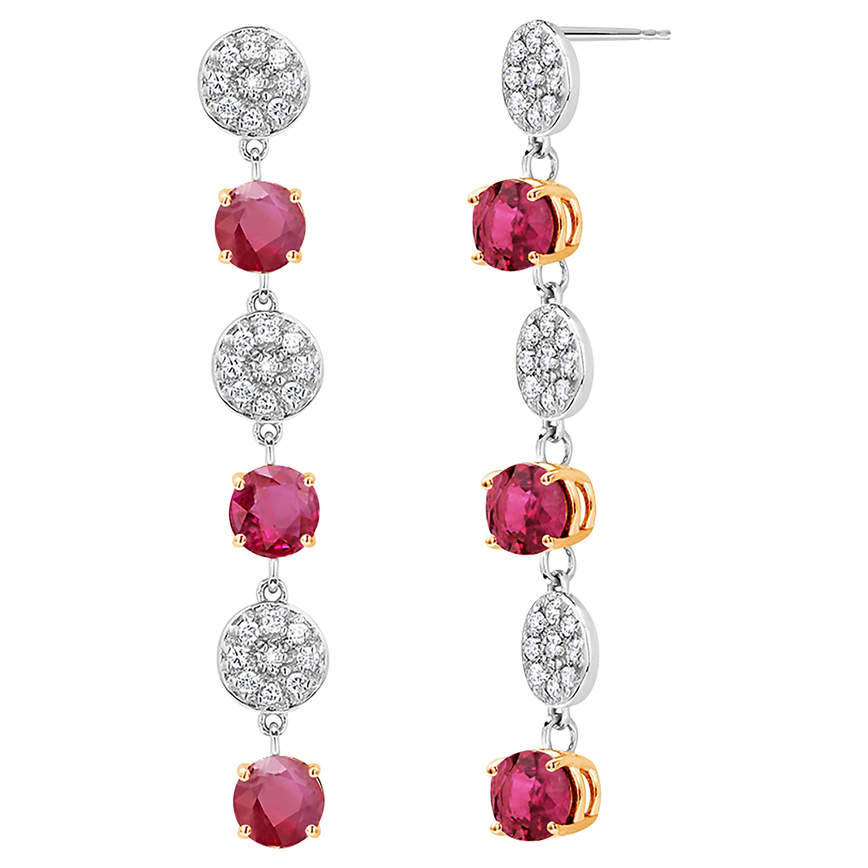 Round Red Burma Ruby and Diamonds Triple Tiered Gold Drop Earrings