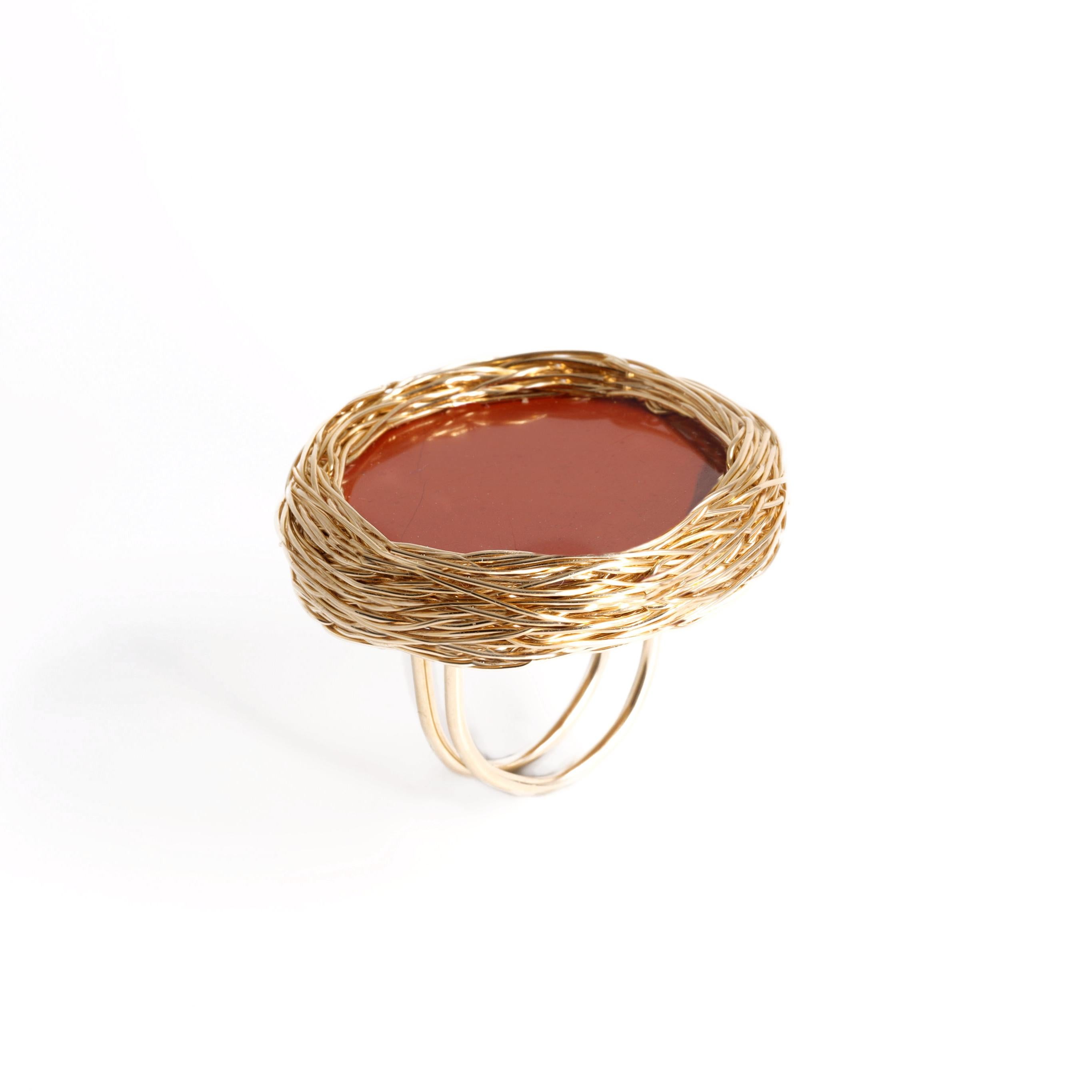 Contemporary Round red Jaspis Stone 14 kt Yellow Gold Filled Cocktail & Statement Ring  For Sale